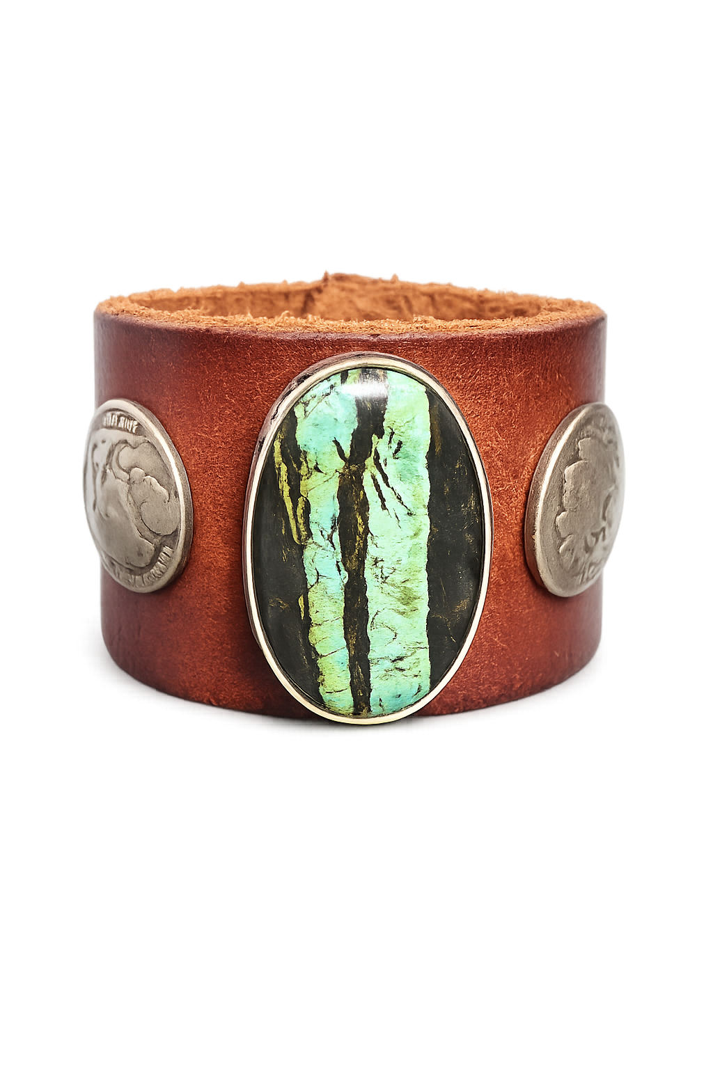 Custom Tailored Saddle Leather Cuff Bracelet with Oval Ribbon Turquoise and Vintage Coins