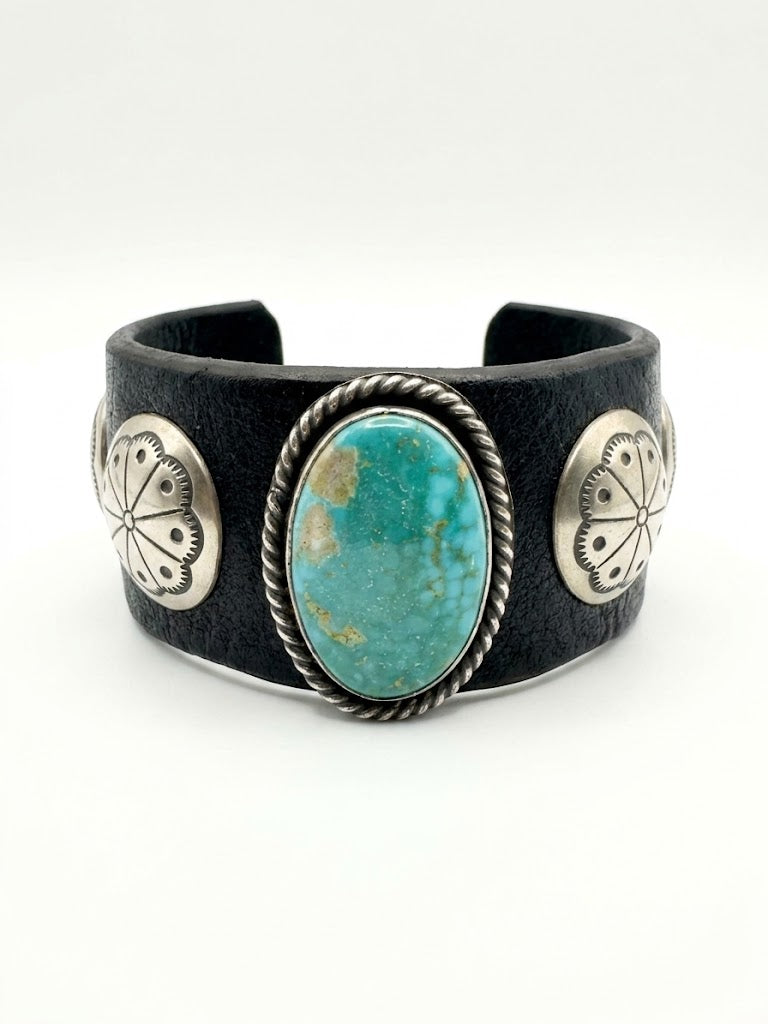 Vintage Southwestern Black Leather Cuff Bracelet with Large Oval Turquoise
