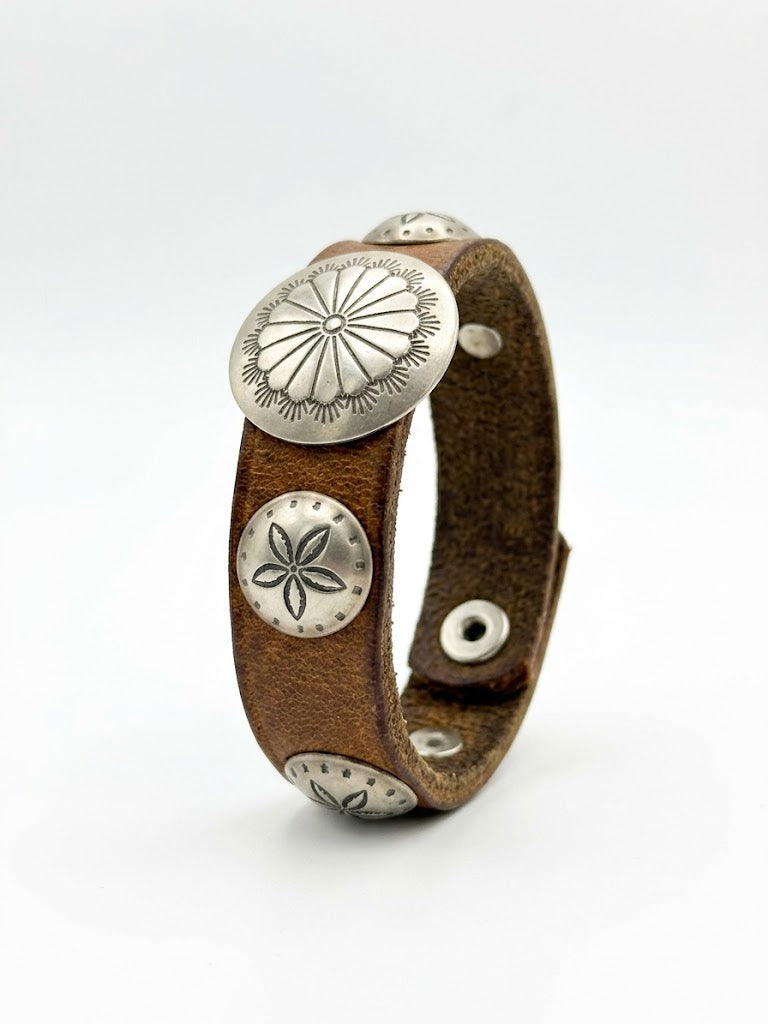 Vintage Southwestern Brown Leather Cuff | Multi-Concho Stamped Bracelet