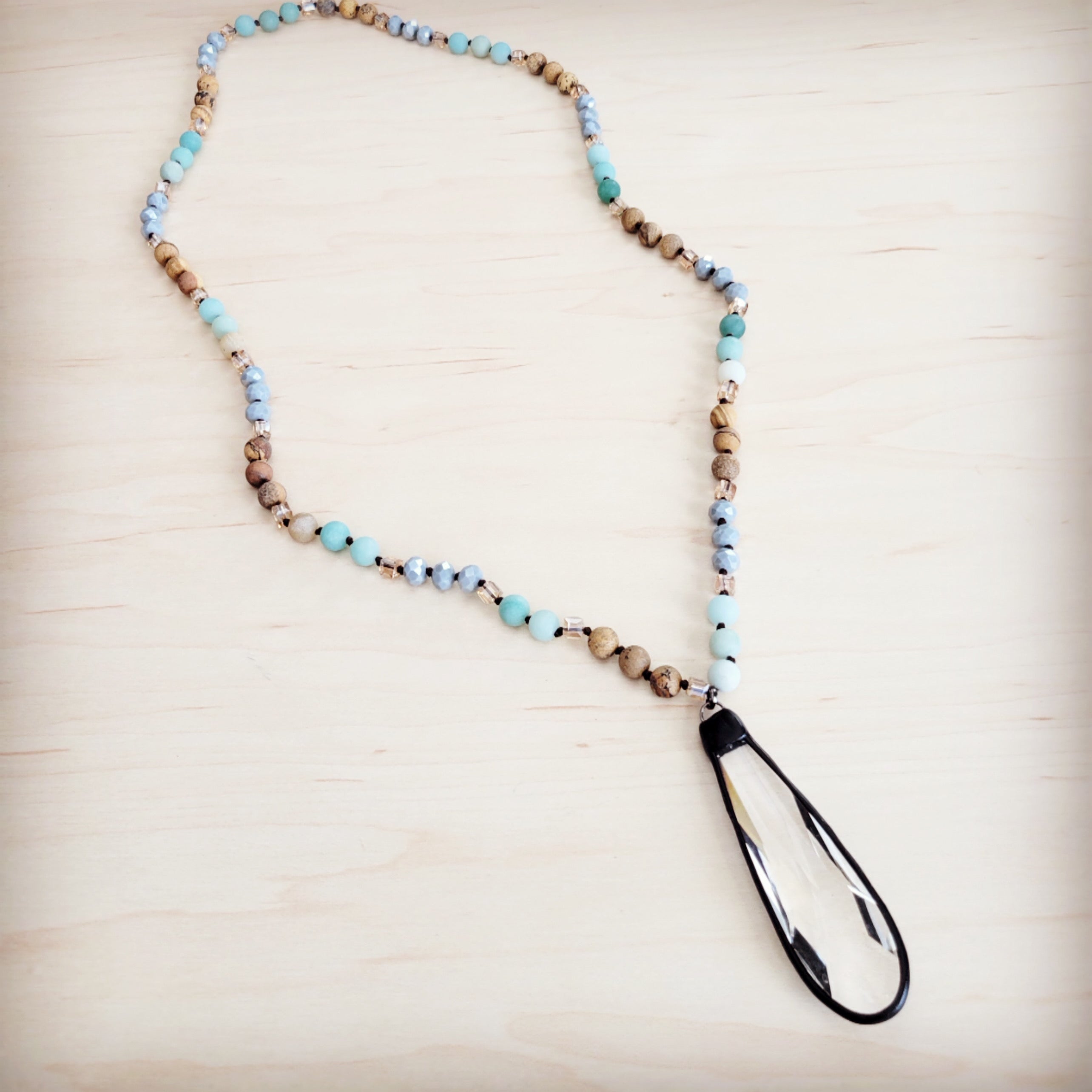 **Picture Jasper & Amazonite Long Beaded Necklace w/ Crystal Pendant 262r