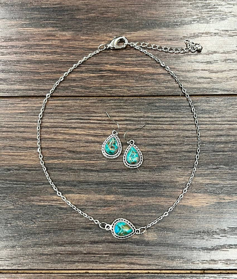 16" Drop Gemstone Necklace Earrings Set