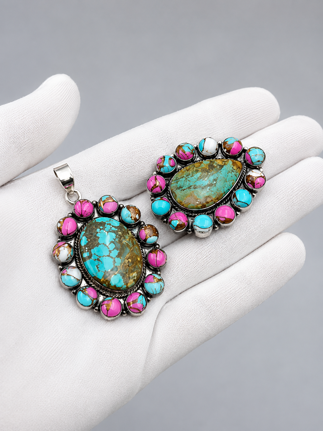 Vintage Turquoise & Amber Gemstone Pendant Set – Handmade Silver Statement Jewelry