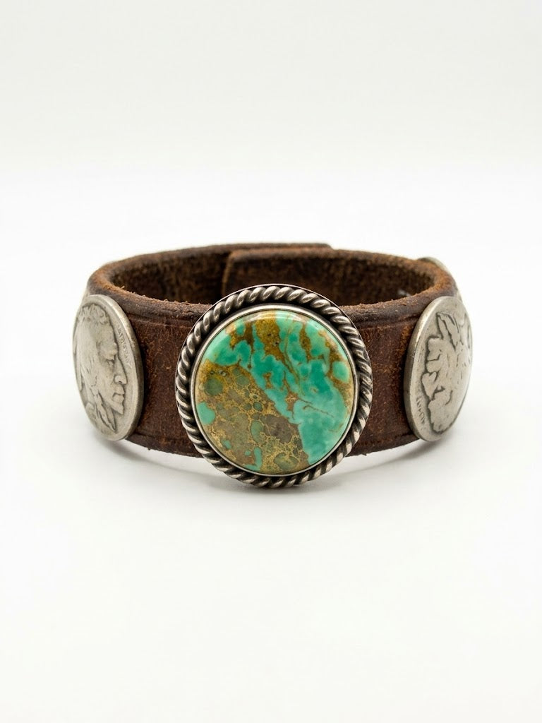 Vintage Southwestern Round Turquoise & Buffalo Nickel Leather Cuff Bracelet