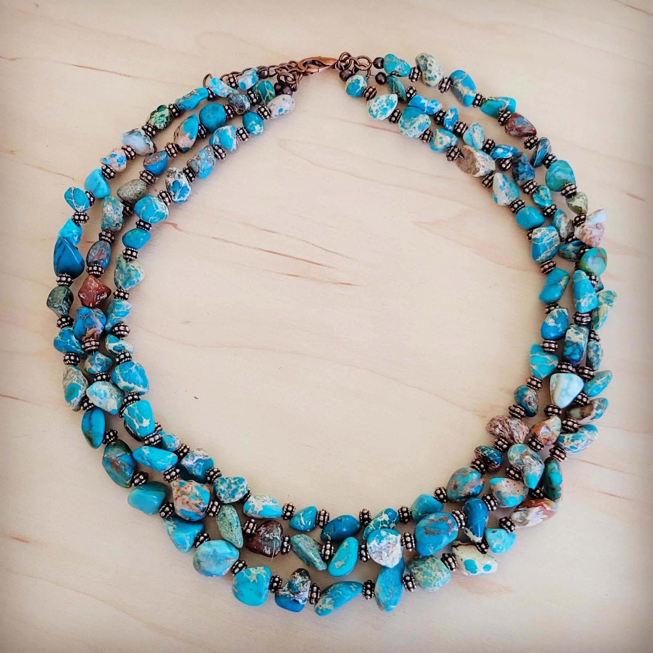 Triple Strand Genuine Regalite Beaded Collar Necklace with copper 263n