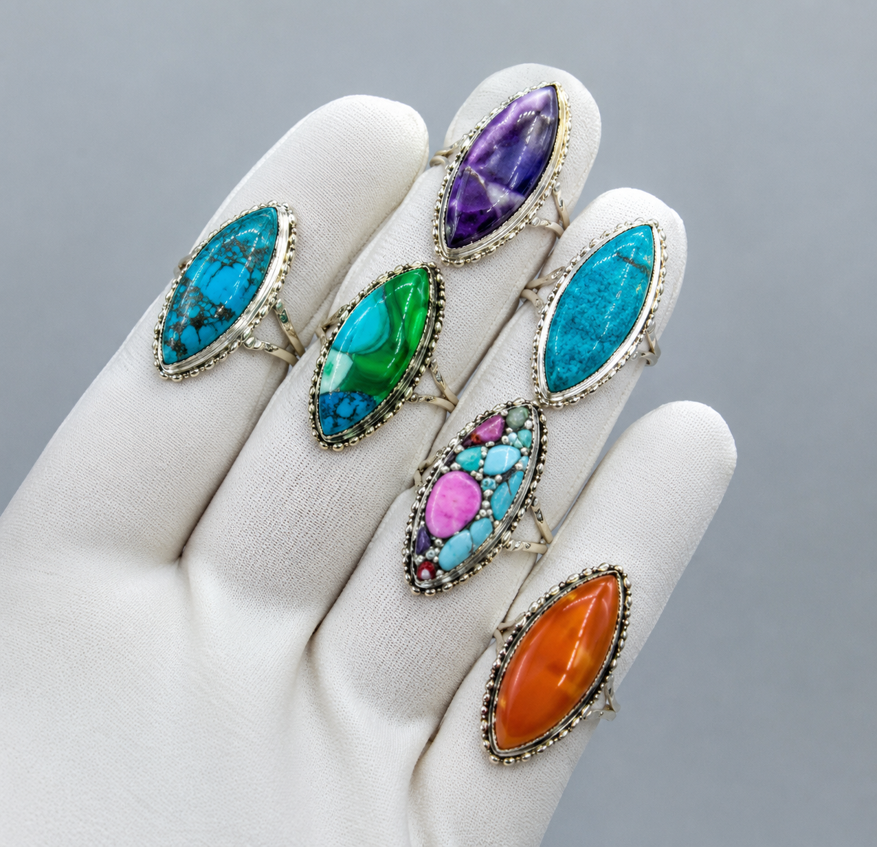 Vintage Bohemian Natural Stone Statement Ring – Colorful Oval Gemstone Adjustable Ring