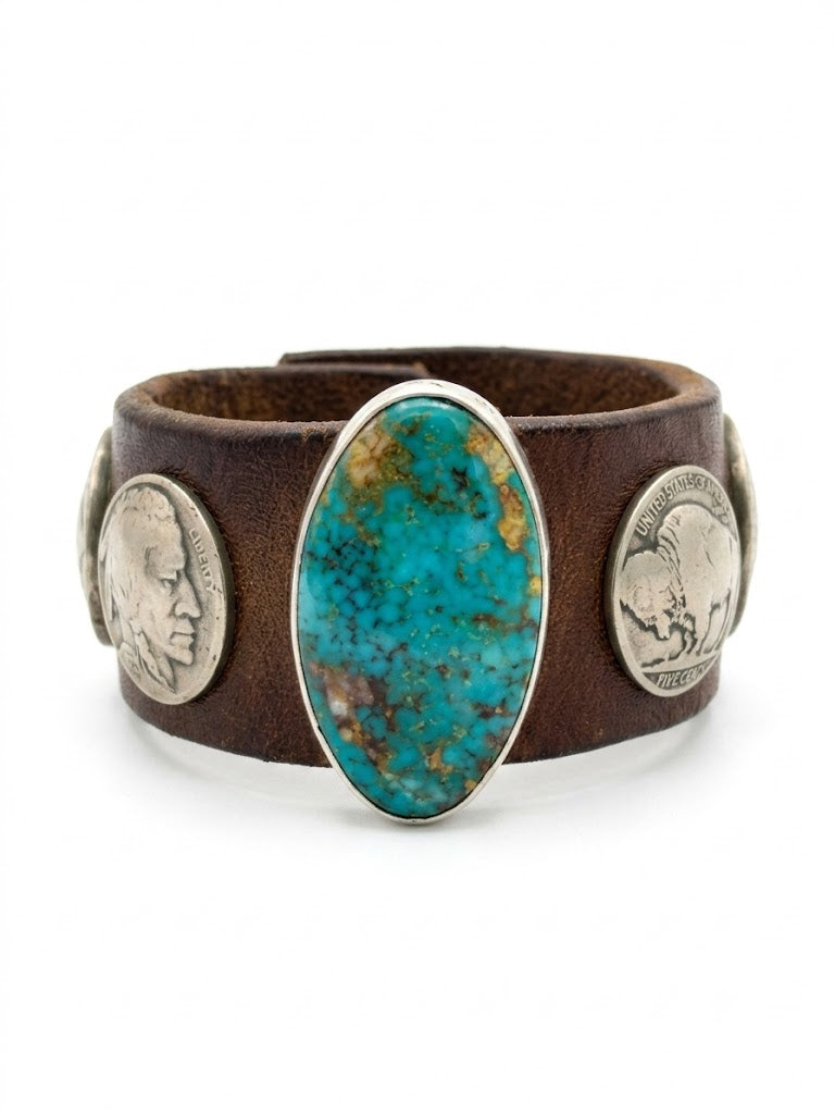 Handcrafted Western Leather Wristband | Oval Turquoise Cabochon & Vintage Coins