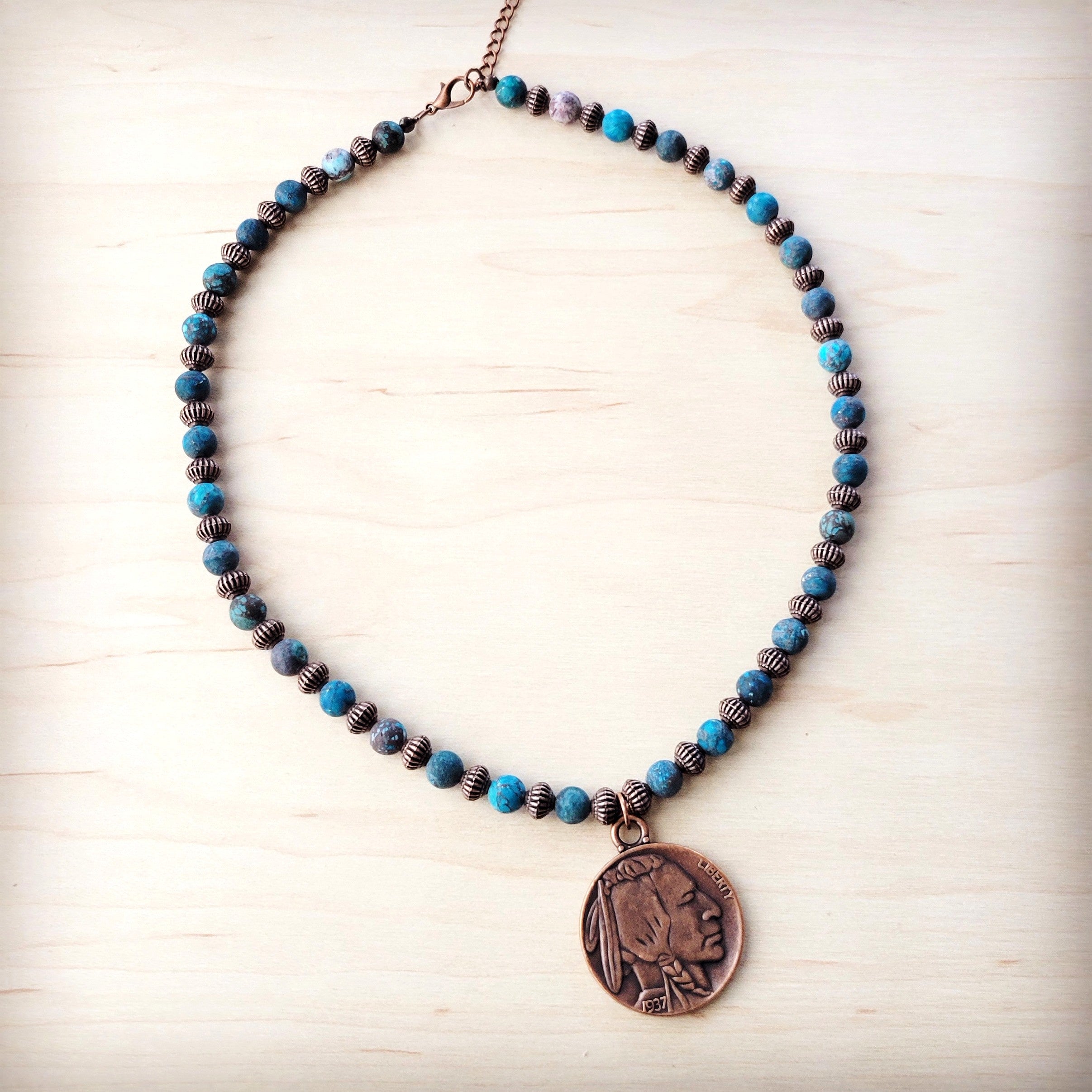 **Natural American Turquoise Beaded Collar Necklace w/ Indian Head Pendant 262h