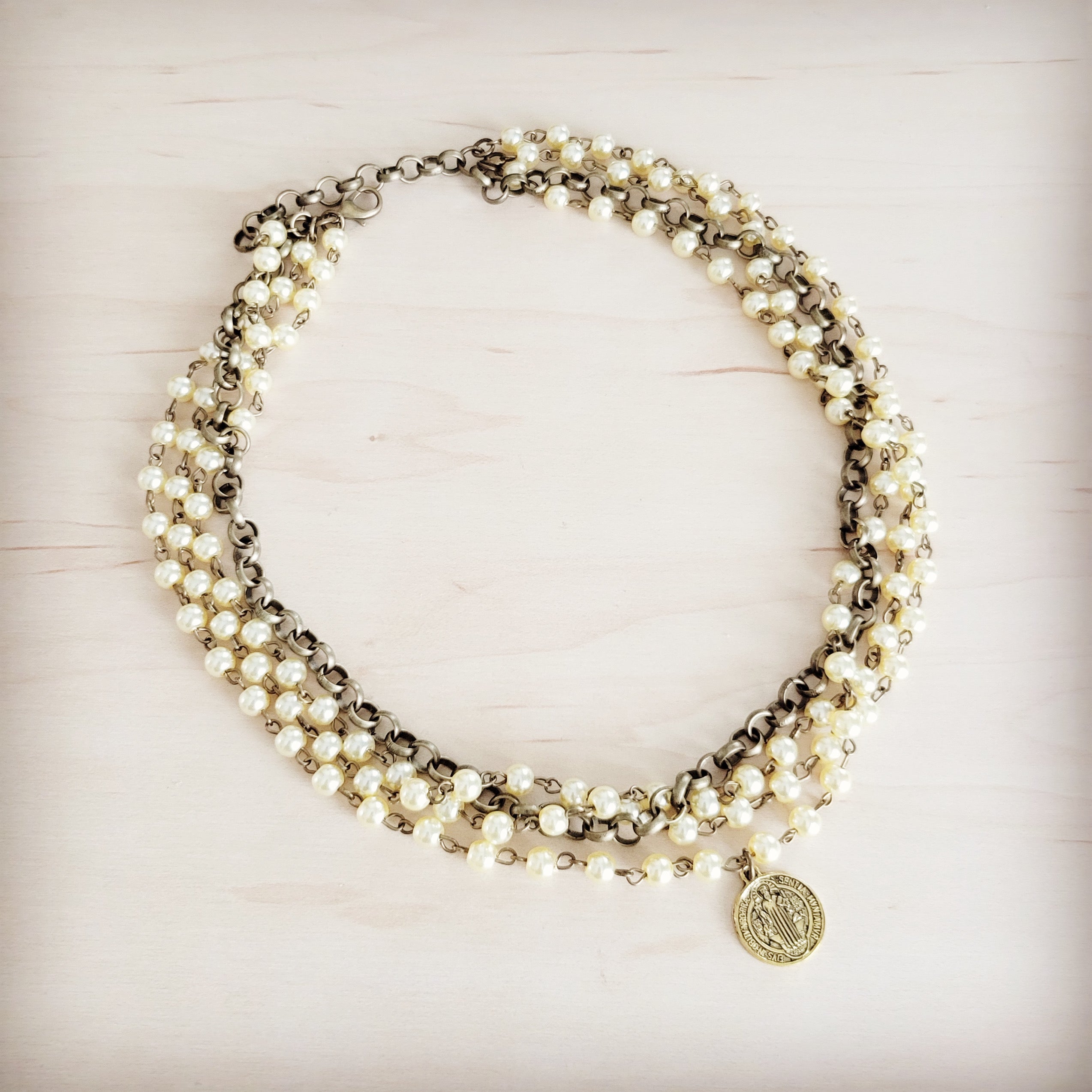Champagne Pearl Beaded Collar Necklace w/ Pendant 263x