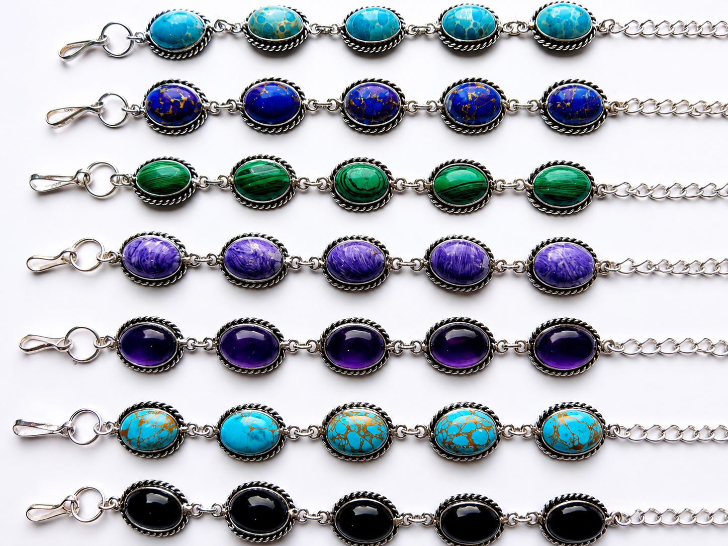 Natural Gemstone Link Bracelet Collection – Handmade Silver Statement Bracelets