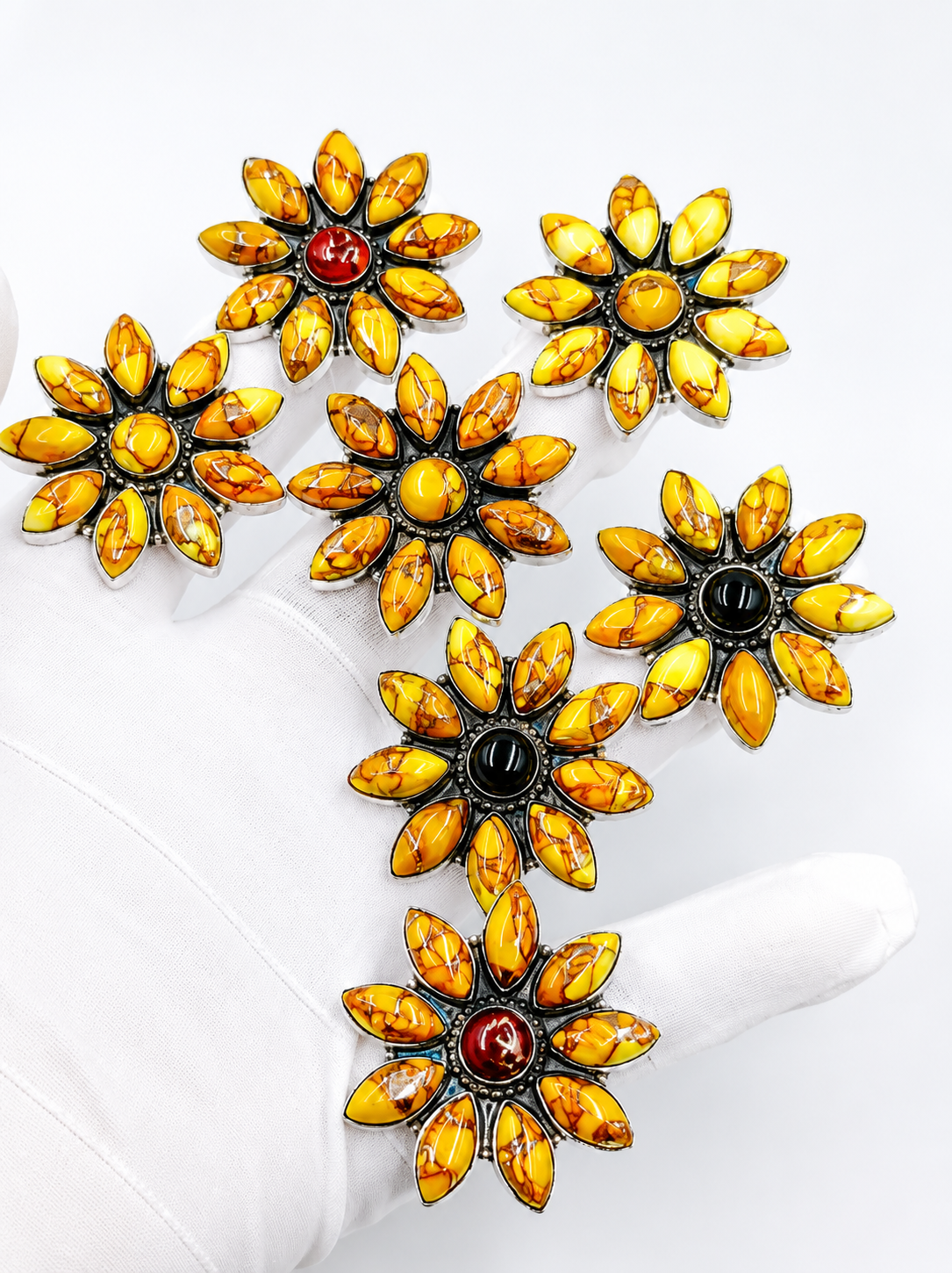 Wholesale Lot of Silver Plated Yellow Spiny Oyster Flower Rings – 925 Stamped German Silver Statement Cluster Rings