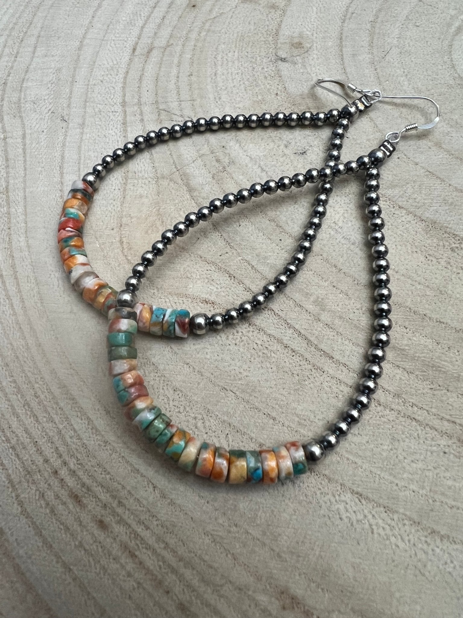 3mm Sterling Pearl Teardrop Earrings with Spiny Oyster & Turquoise — 4 inch drop (Made in USA)