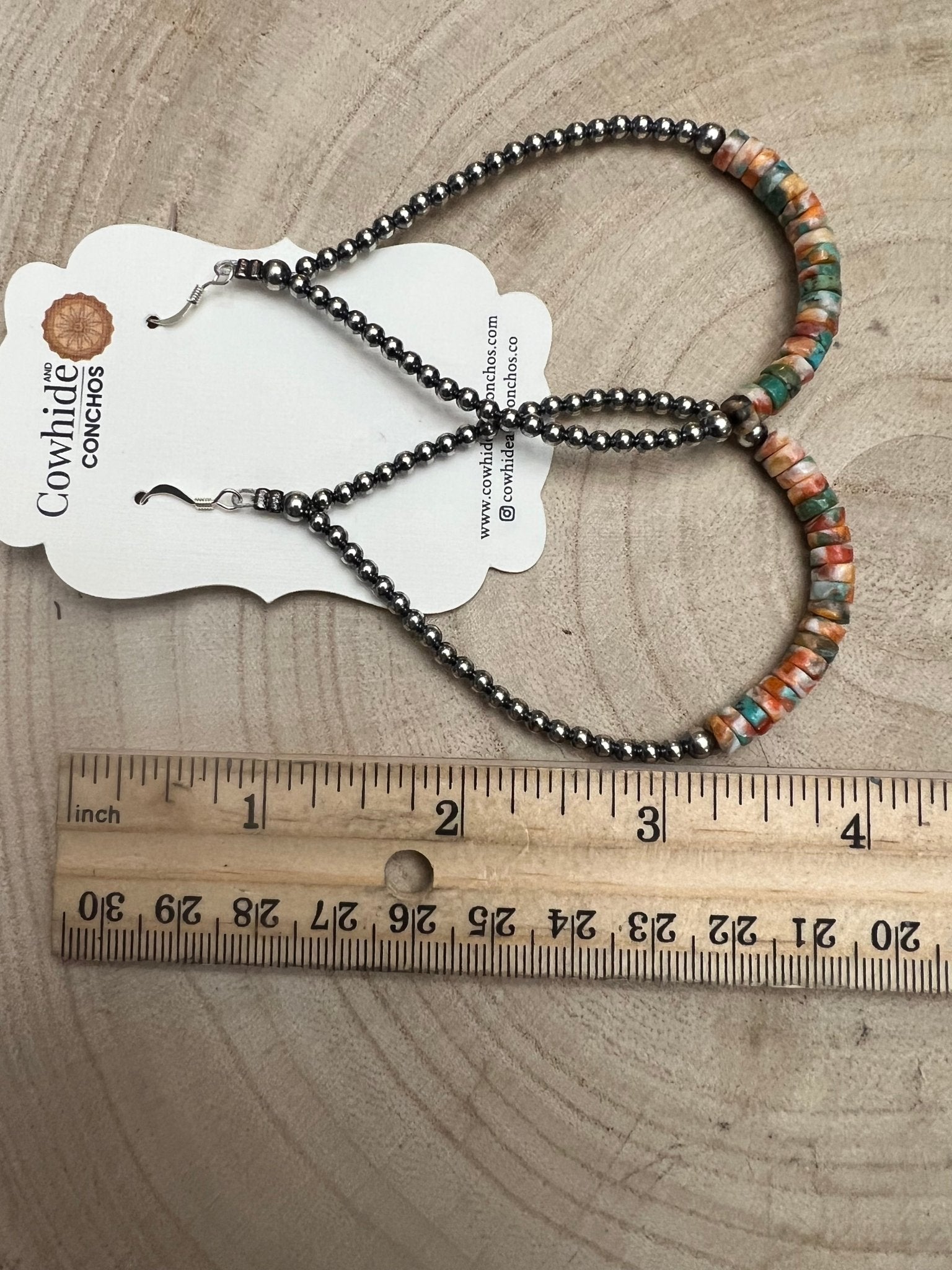 3mm Sterling Pearl Teardrop Earrings with Spiny Oyster & Turquoise — 4 inch drop (Made in USA)