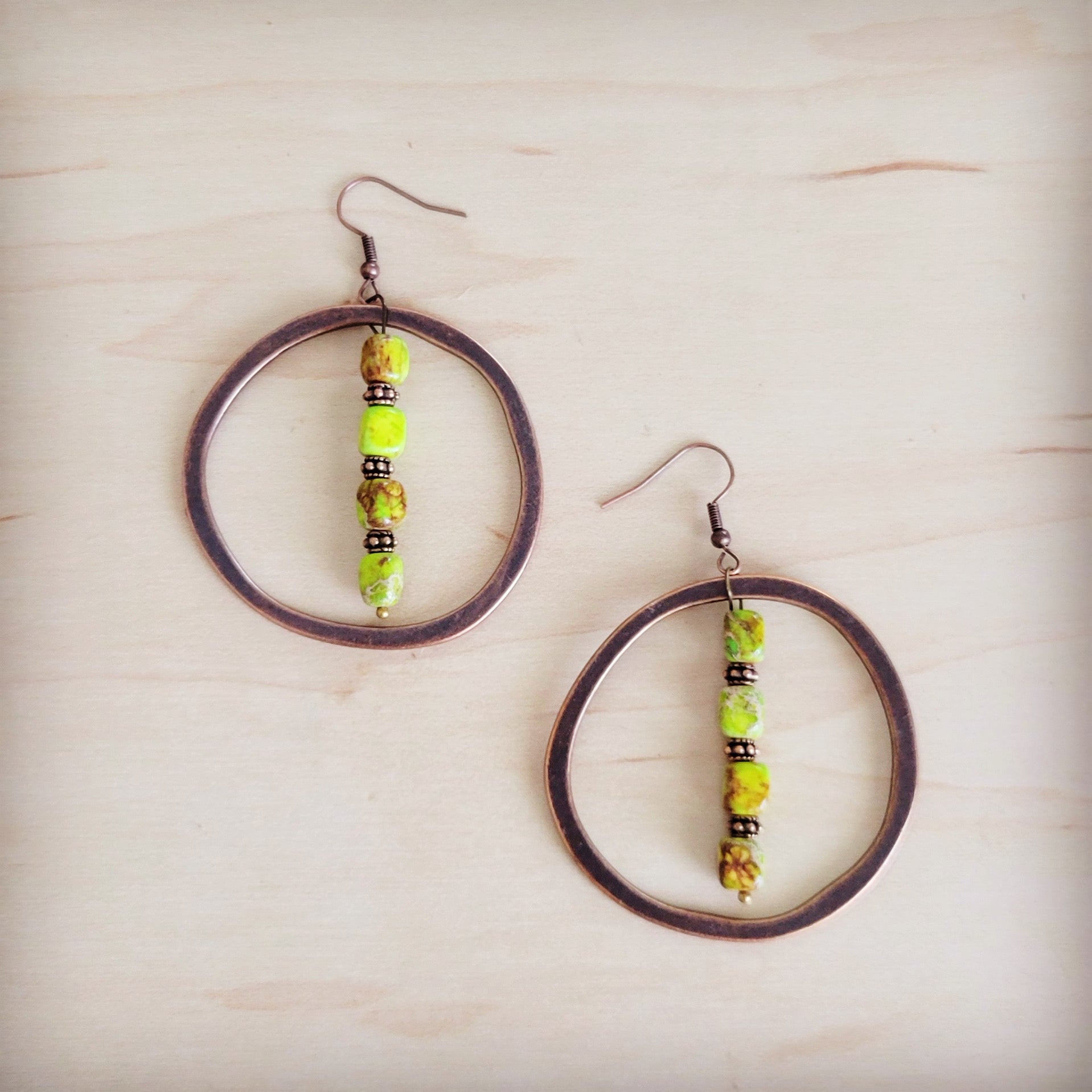 Western Copper Hoop Earrings w/ Lime Green Regalite 100a