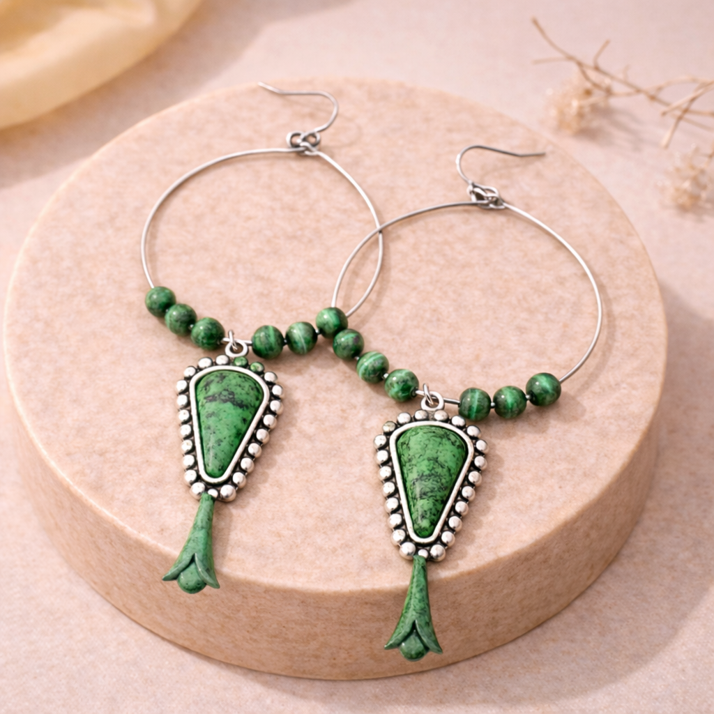 45mm Hoop, Squash Blossom Green Turquoise Earrings