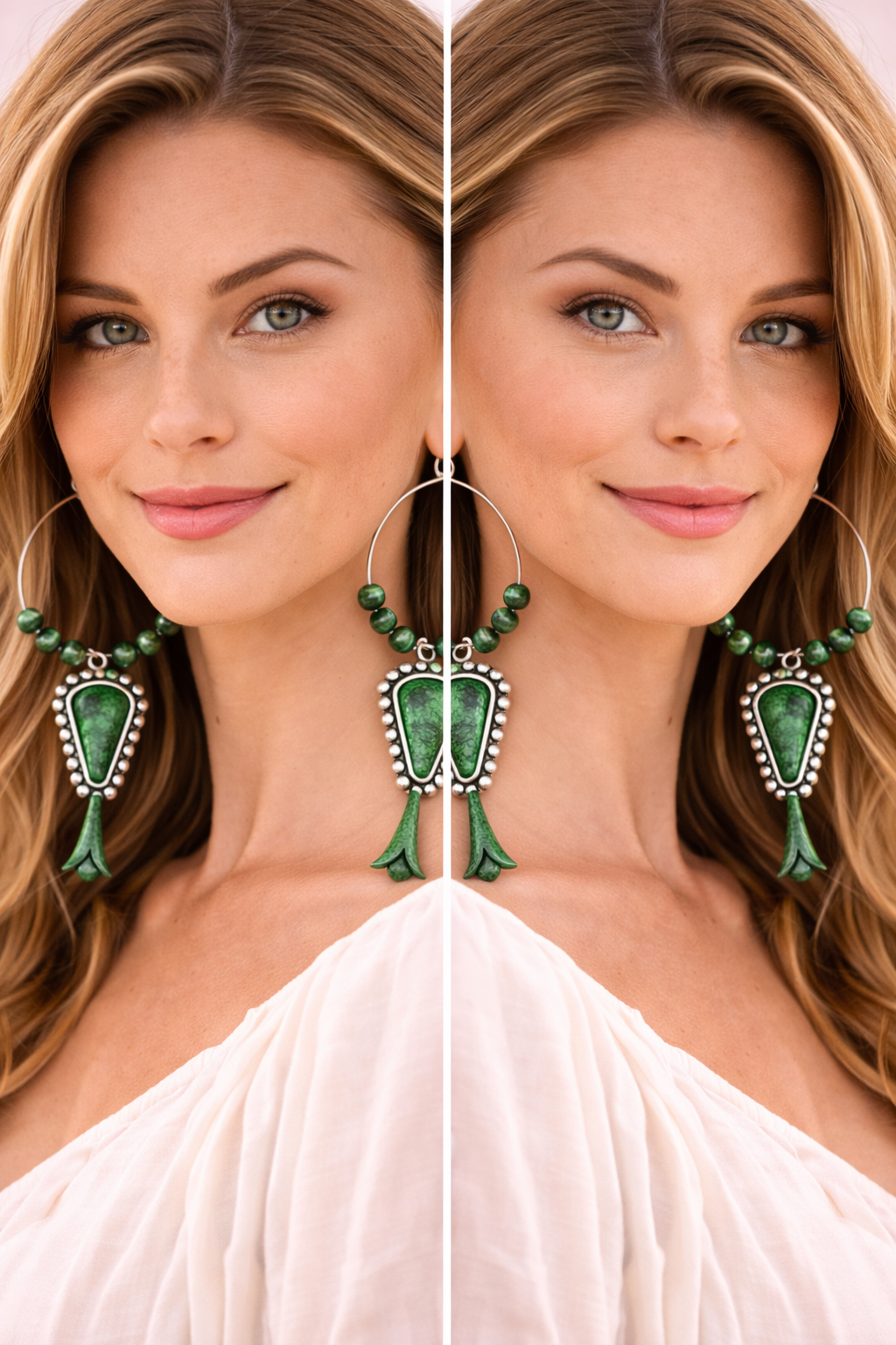 45mm Hoop, Squash Blossom Green Turquoise Earrings