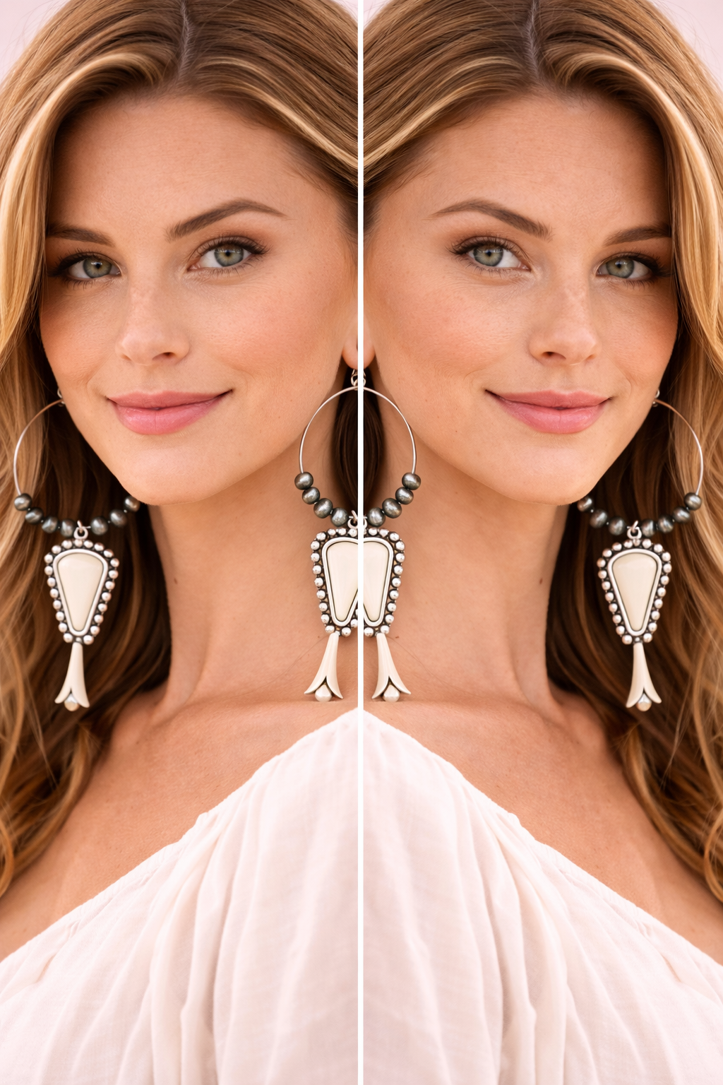 45mm Hoop, Squash Blossom White Turquoise Earrings