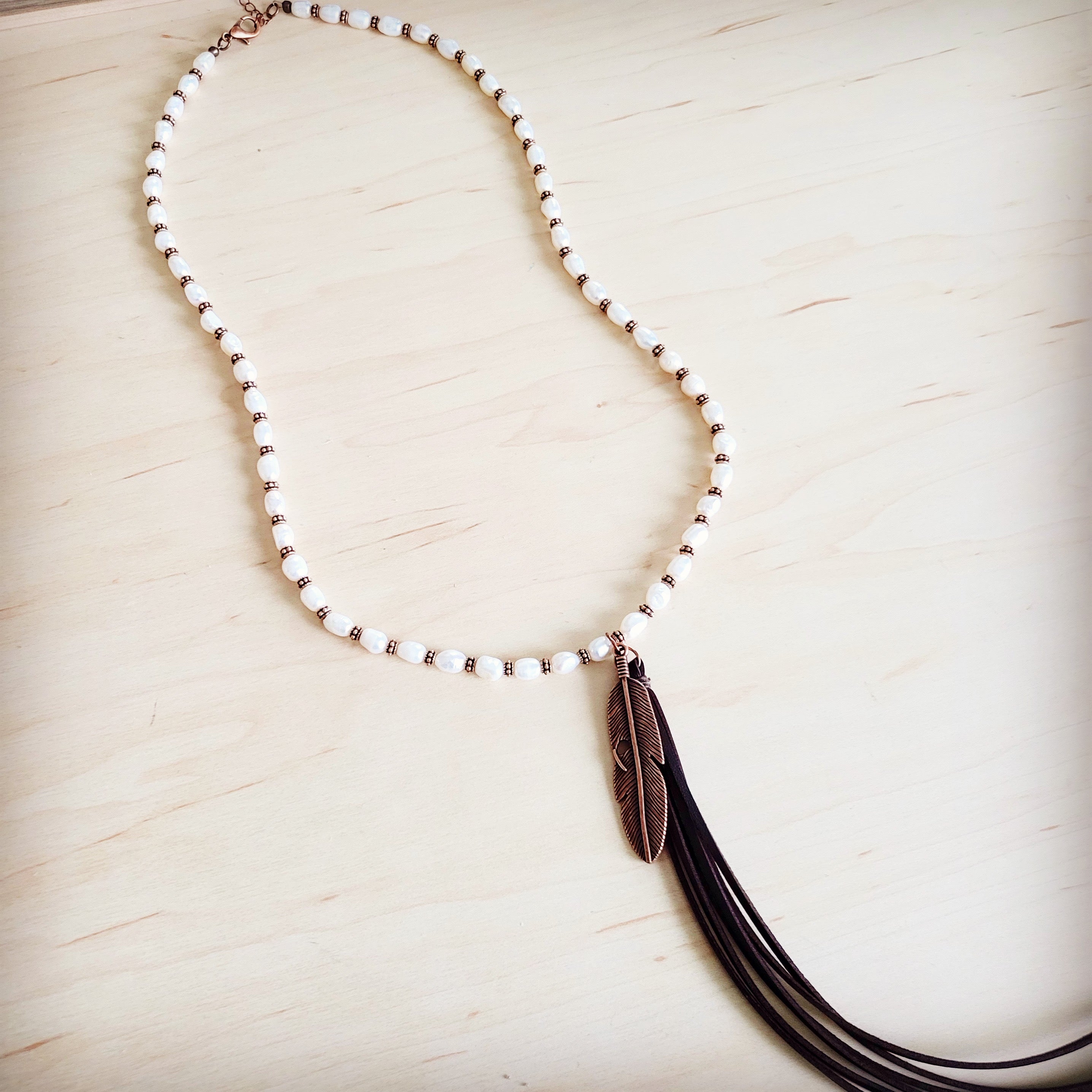 Long Freshwater Pearl & Copper Necklace w/ Feather Tassel Pendant 264b