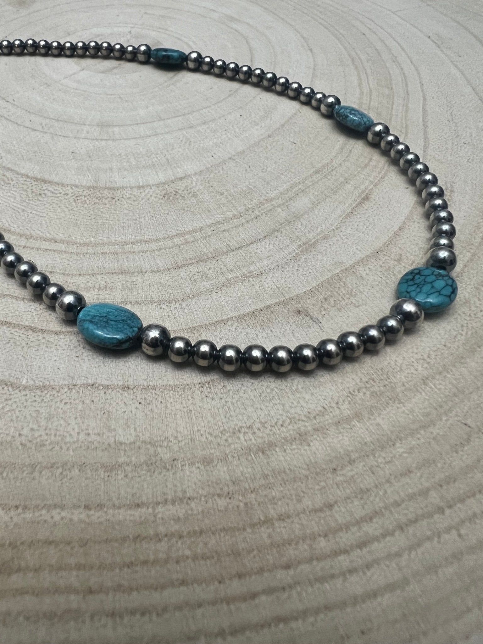 4mm & 5mm Sterling Pearl & Turquoise Choker — 15 inch (Handmade in North Texas)