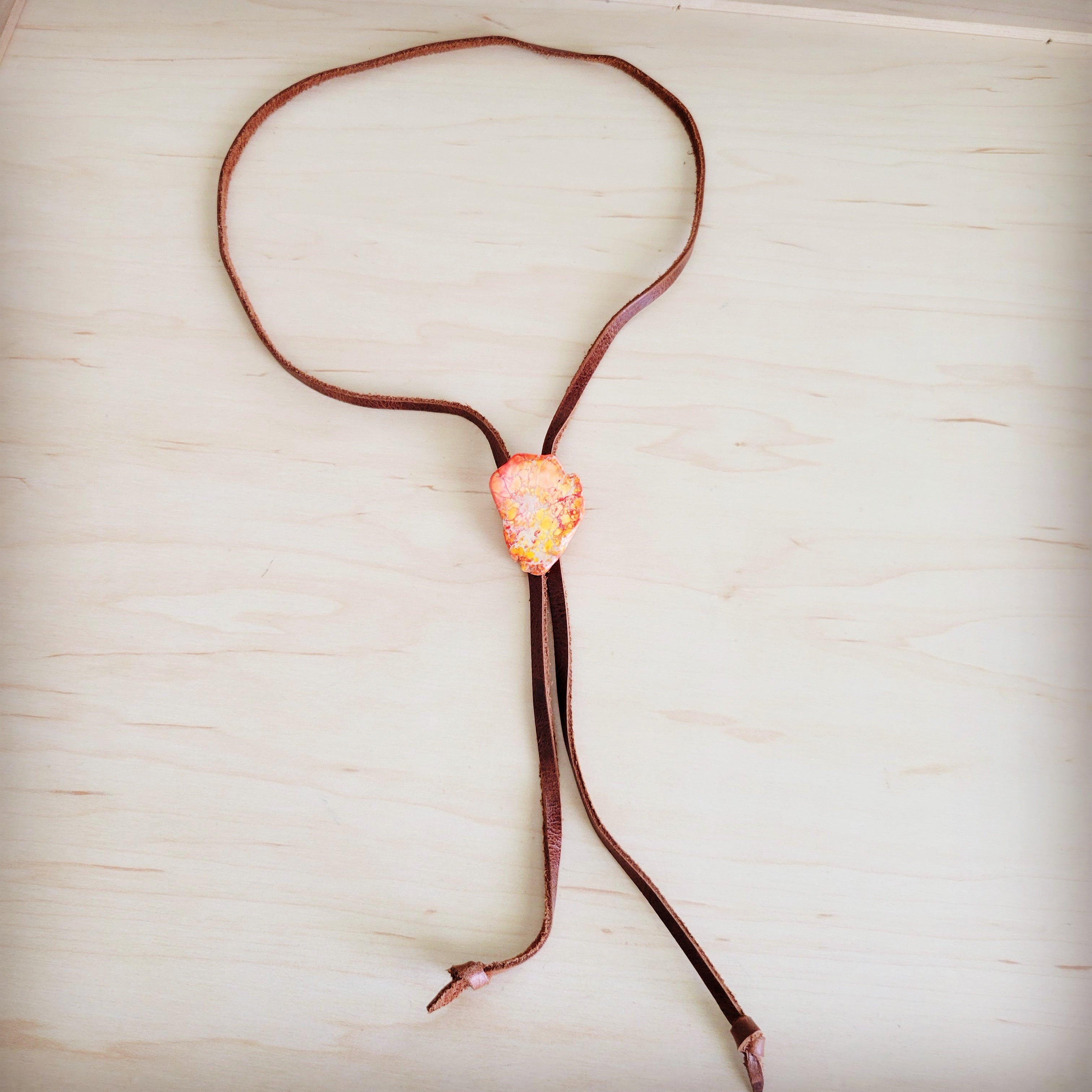 Leather Lariat Boho Necklace w/ Orange Regalite Slab Accent 264g