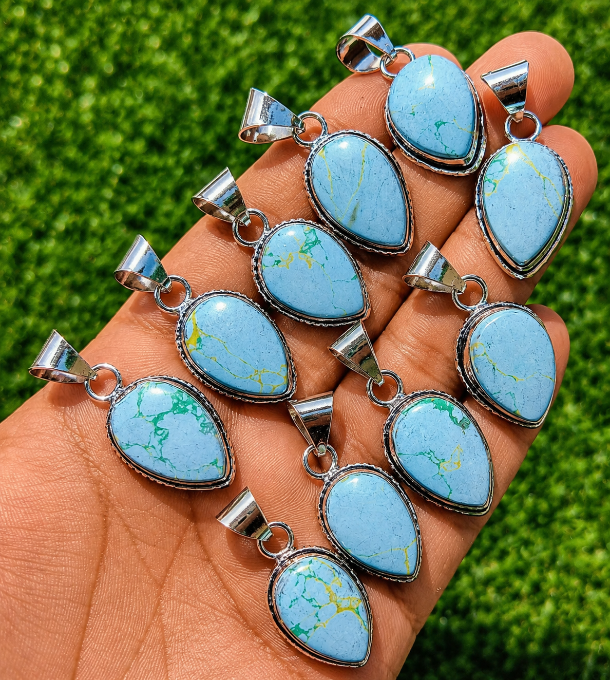 Wholesale Lot of Silver Plated Turquoise Teardrop Pendants – 925 Stamped German Silver Gemstone Pendant Lot
