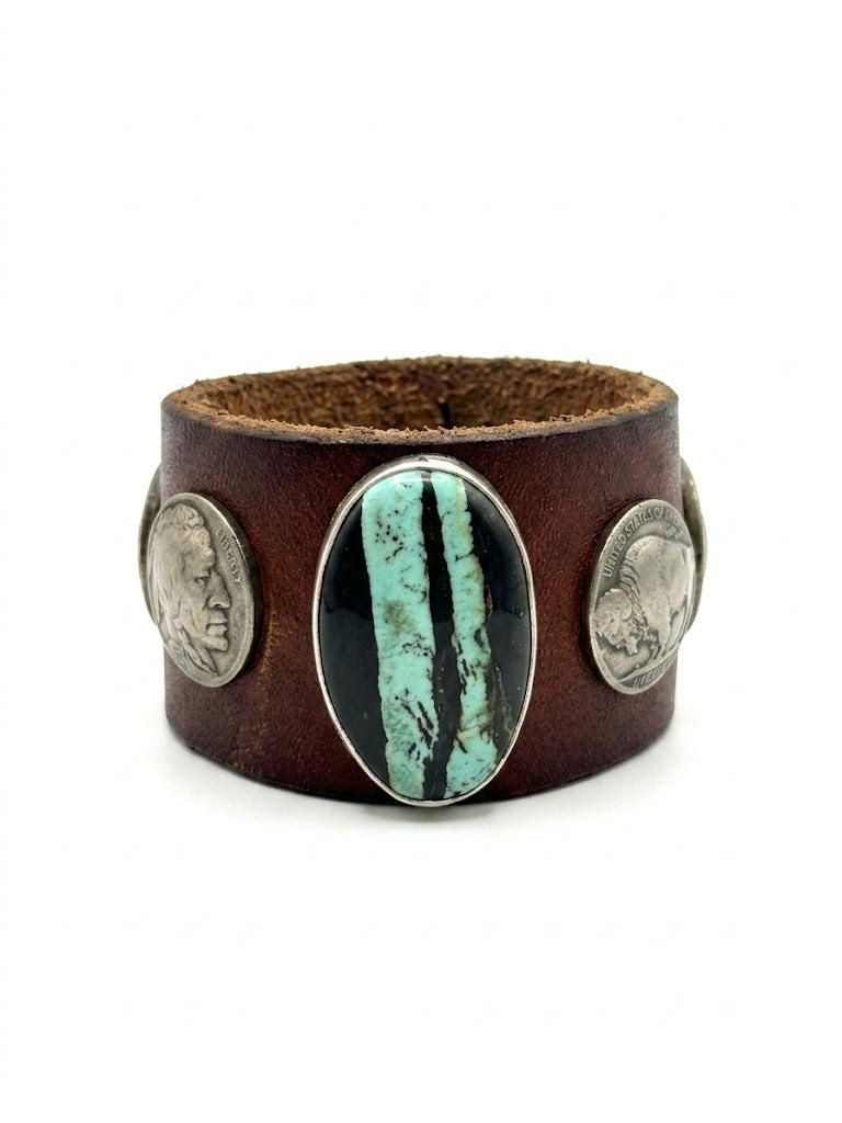 Large Nevada Turquoise & Buffalo Nickel Wide Leather Cuff Bracelet