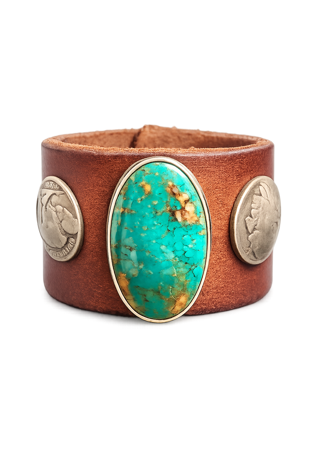 Custom Tailored Saddle Leather Cuff Bracelet with Oval Turquoise and Vintage Coins