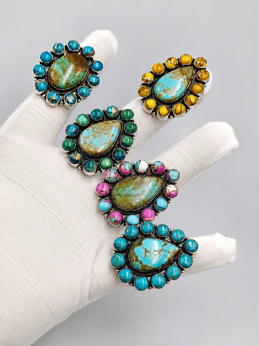 Wholesale Lot of Silver Plated Turquoise Halo Statement Rings – 925 Stamped German Silver Gemstone Rings