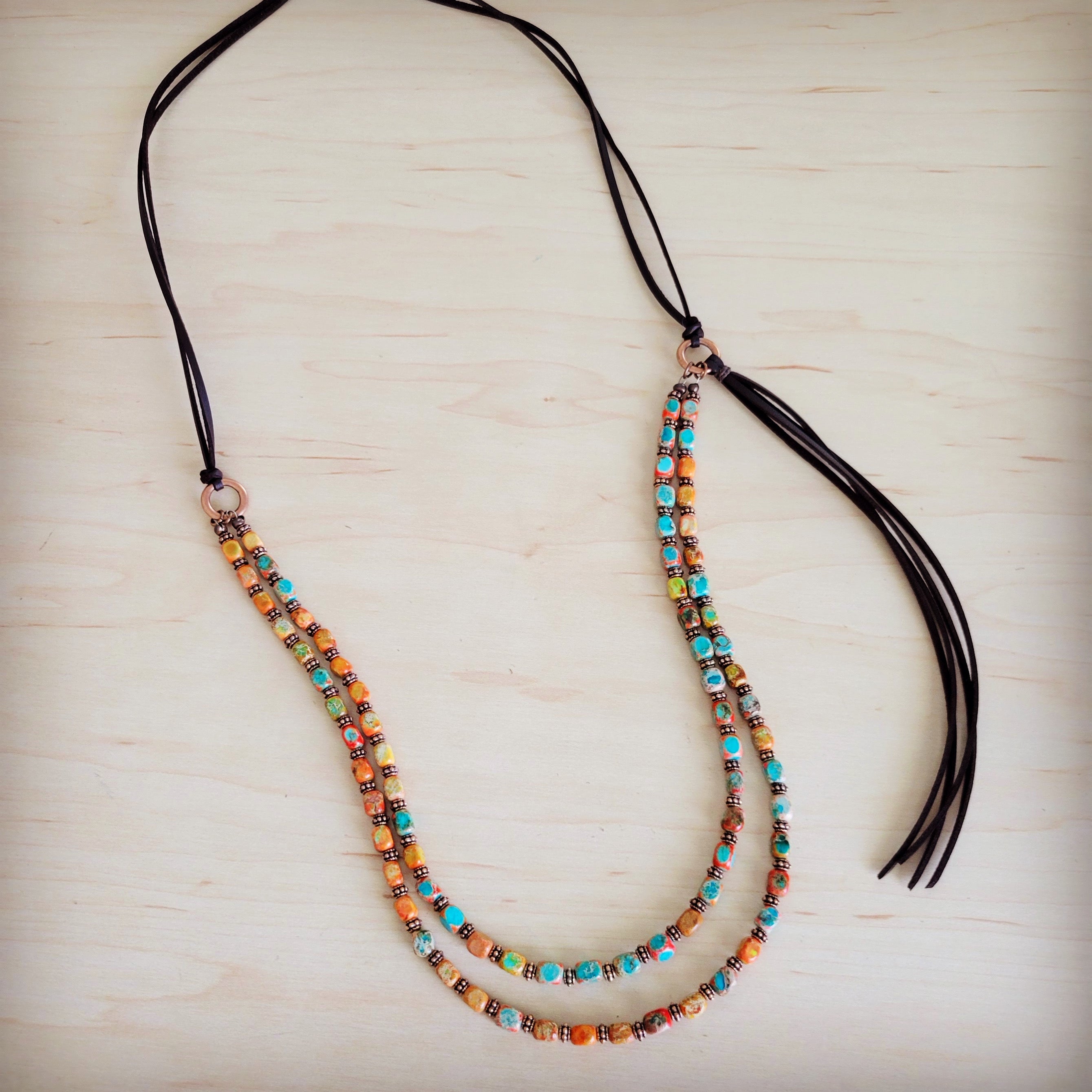 Sunrise Regalite Double Strand Beaded necklace w/ Tassel 264p