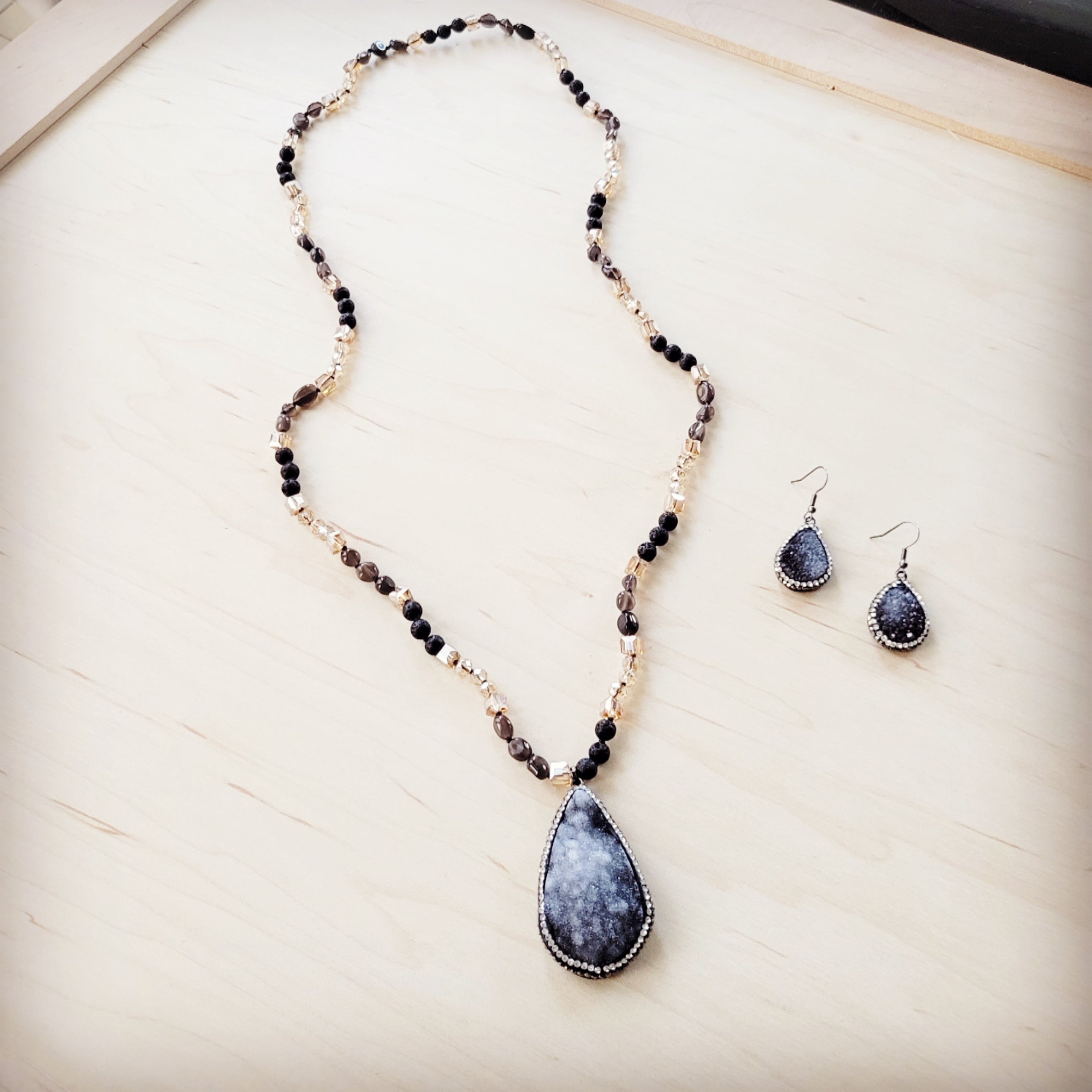 Black Lava Beaded Necklace w/ Druzy Pendant 257lb