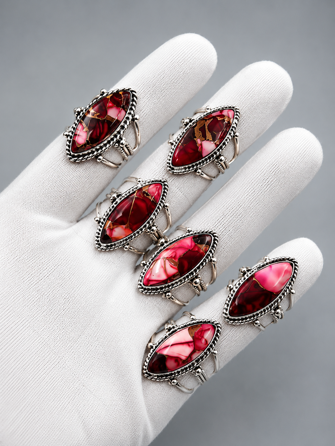 Vintage Red Marquise Gemstone Ring – Adjustable Silver Statement Ring for Women