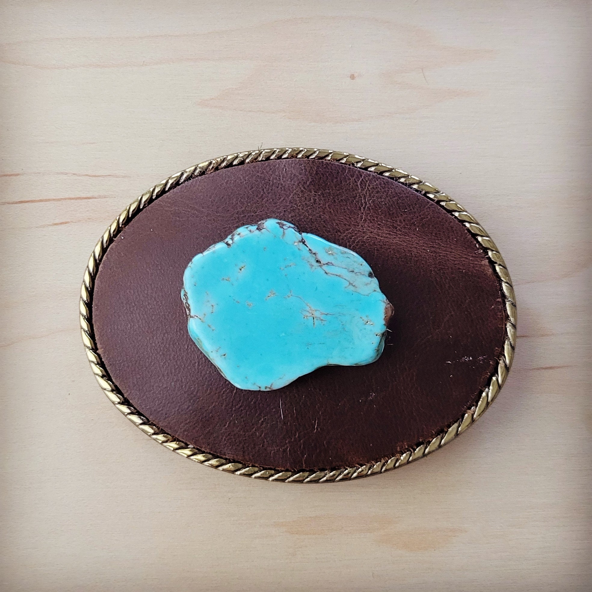 Rope Edge Brown Leather Belt Buckle w/ Blue Turquoise 907x