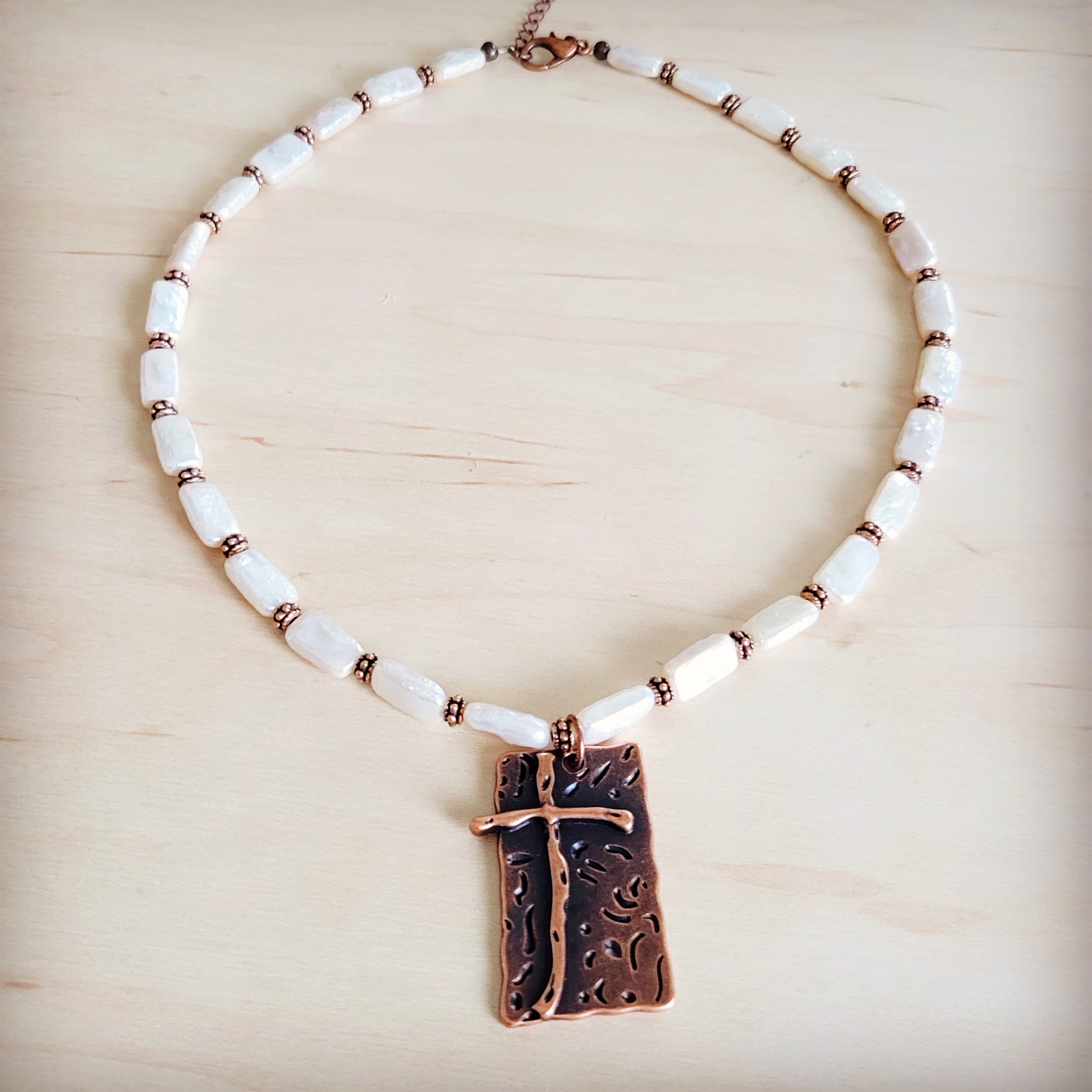 Rectangle Freshwater Pearl & Copper Necklace w/ Antique Cross Pendant 264a