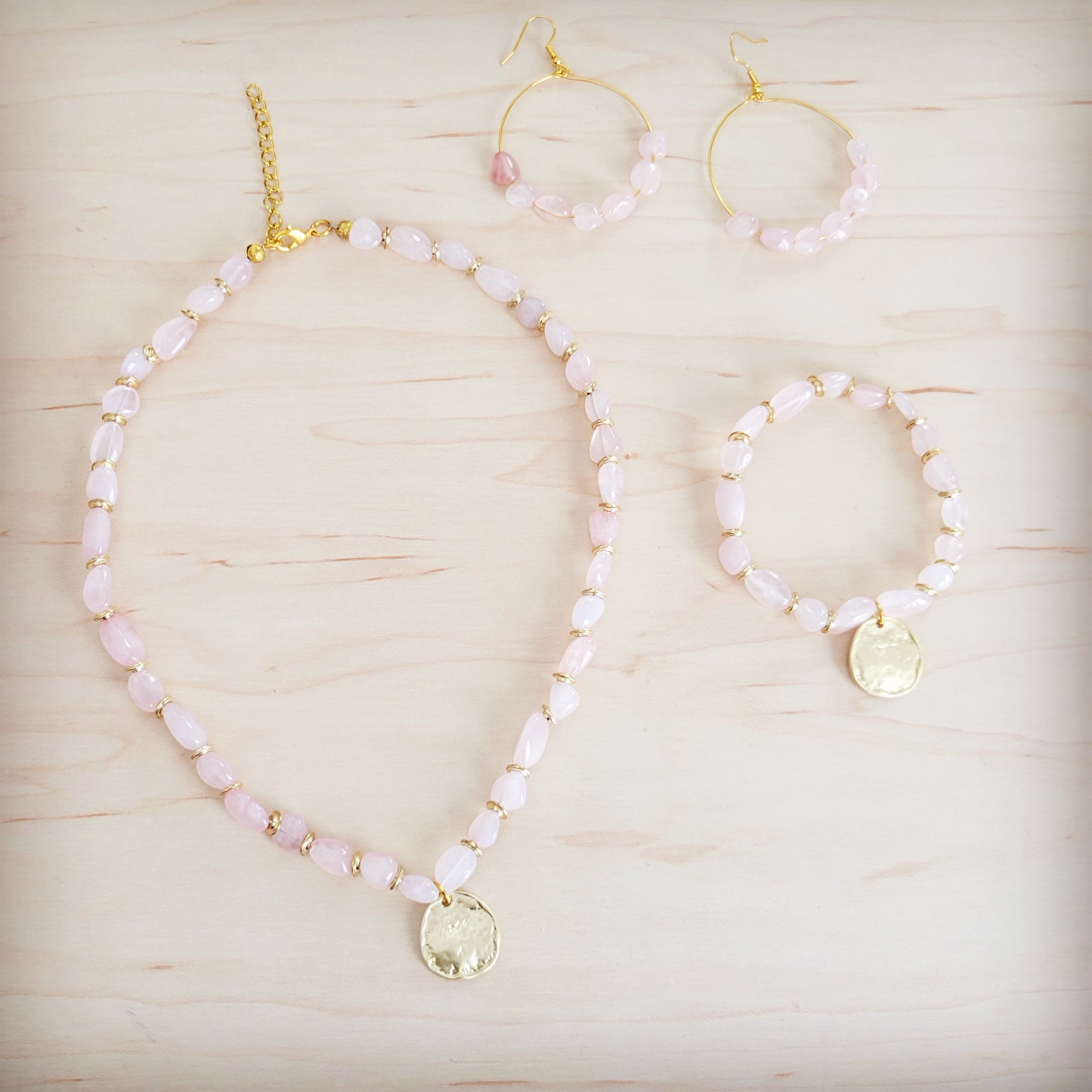 **Beaded Hoop Earrings- Genuine Natural Rose Quartz Stones 200bk