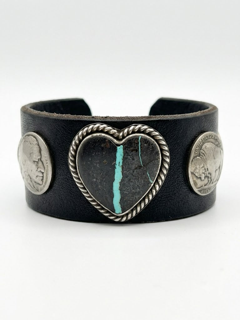 Vintage Southwestern Black Leather Cuff | Heart-Shaped Turquoise in Black Matrix