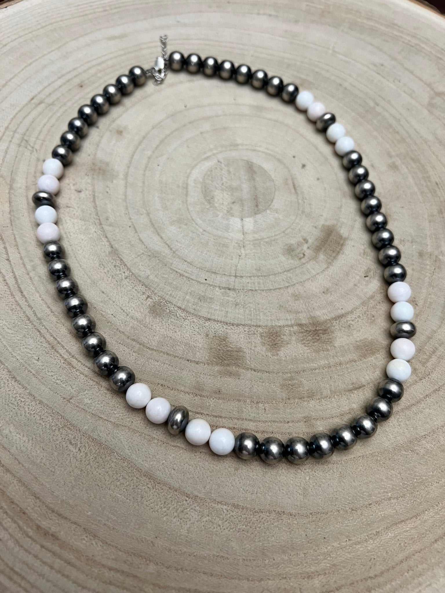8mm Sterling Pearl, Saucer & Pink Conch Necklace — 19 inch