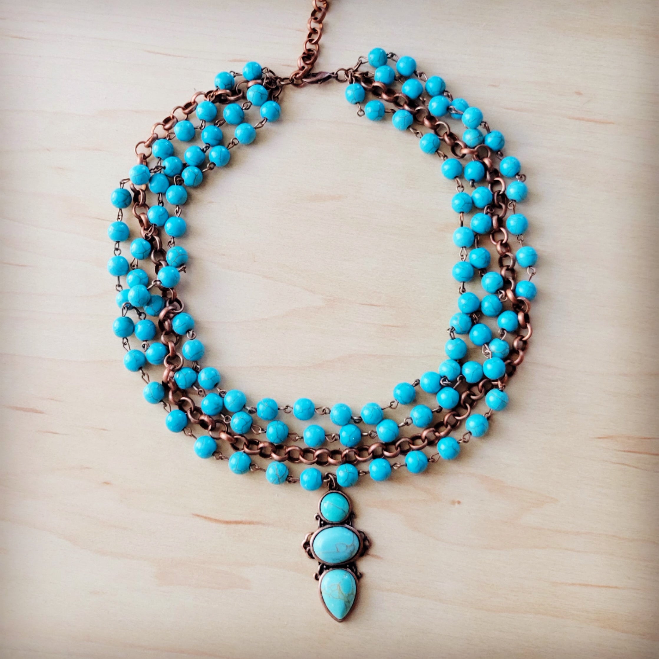 Triple Strand Turquoise & Copper Collar Necklace w/ Droplet Pendant 257lm