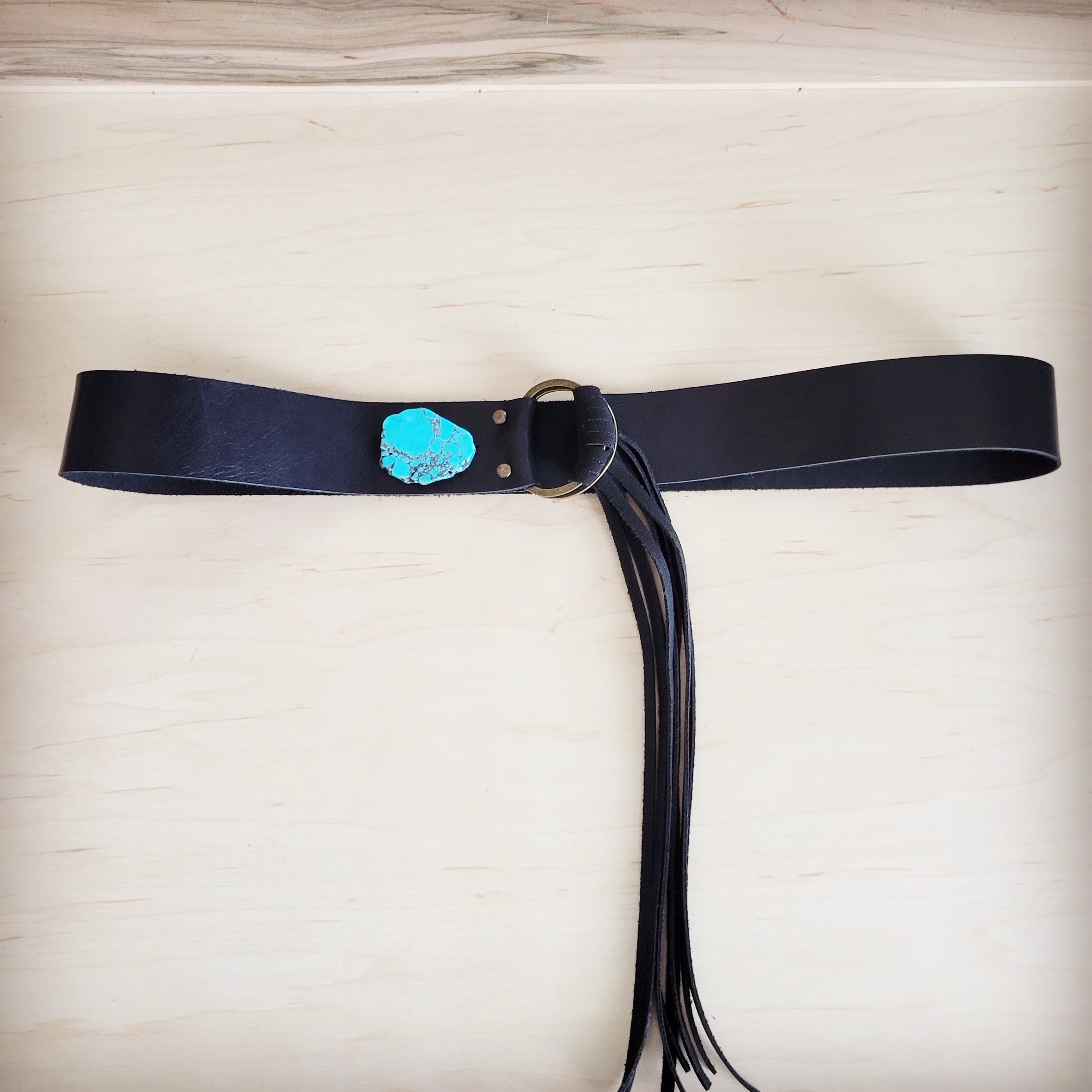 Black Leather Belt with Leather Fringe Closure and Turq Slab 908w