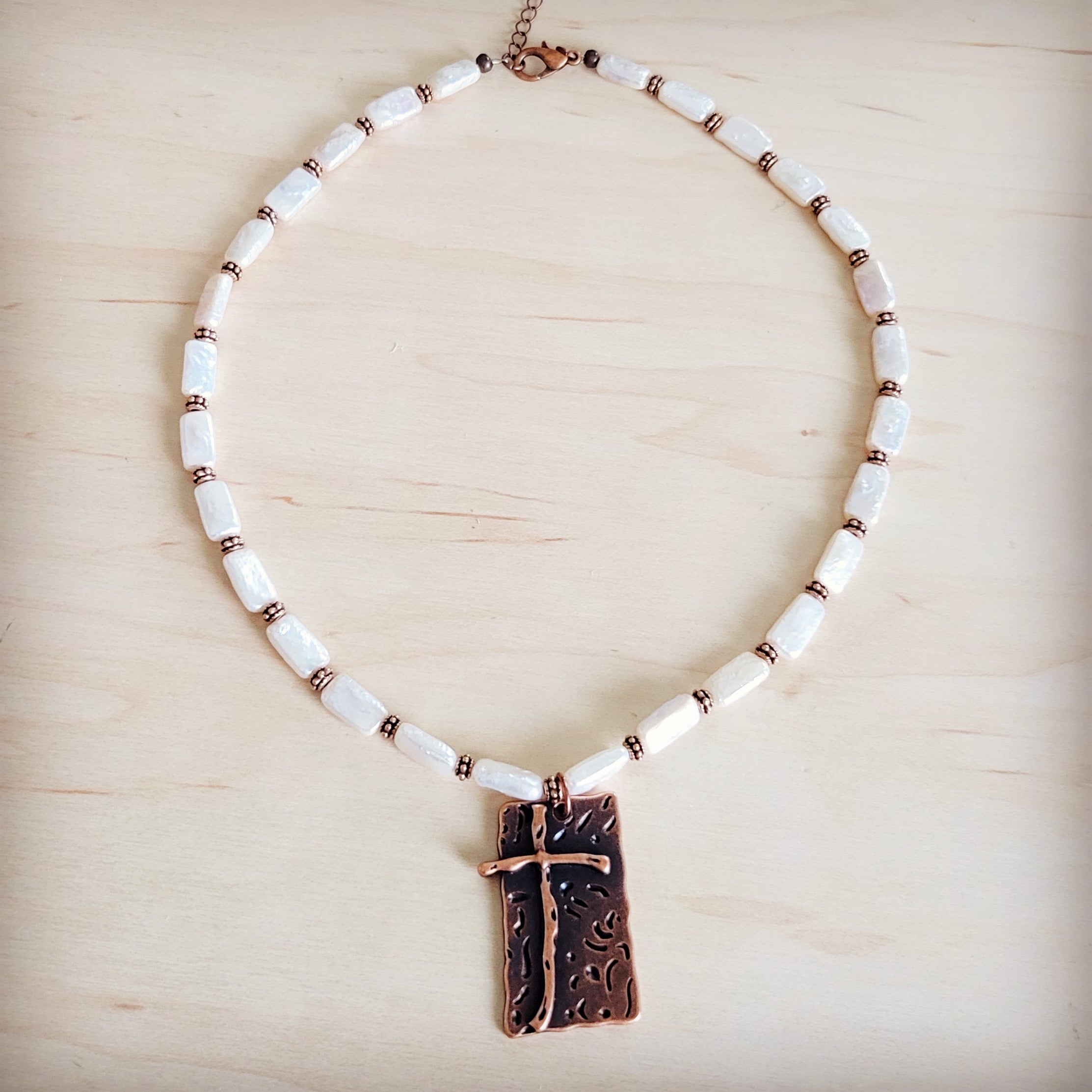 Rectangle Freshwater Pearl & Copper Necklace w/ Antique Cross Pendant 264a
