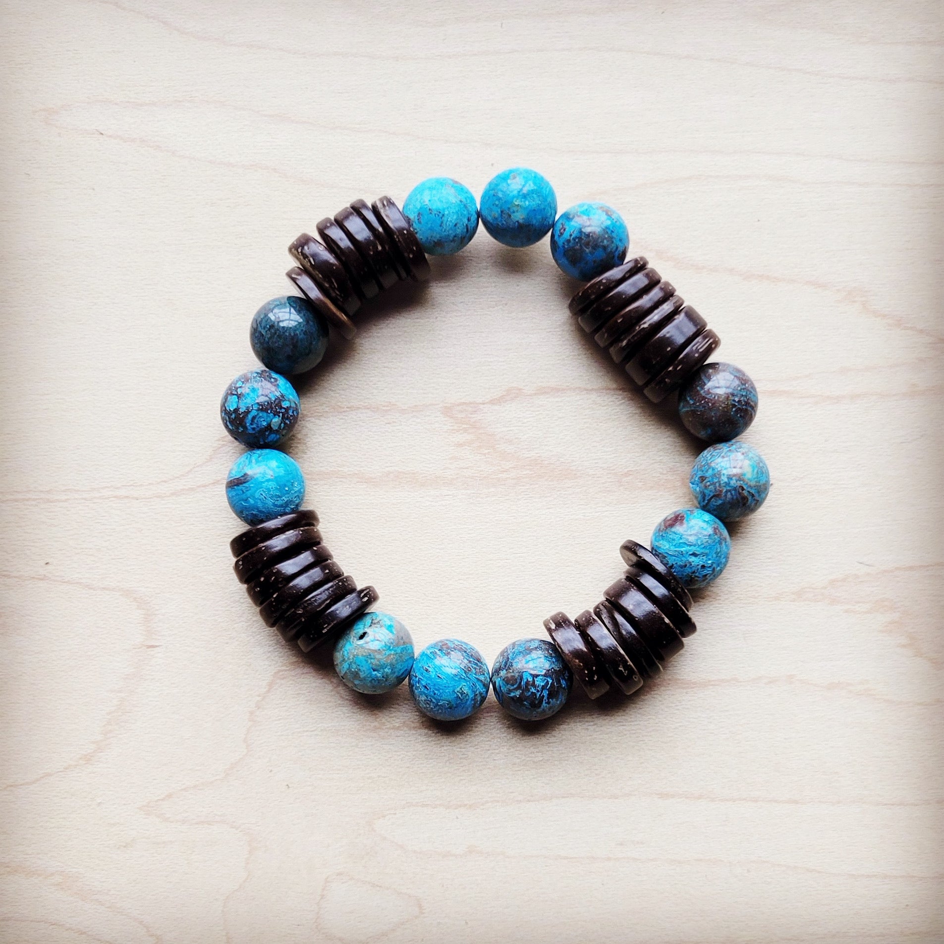 **Ocean Agate and Wood Stretch Bracelet 810j