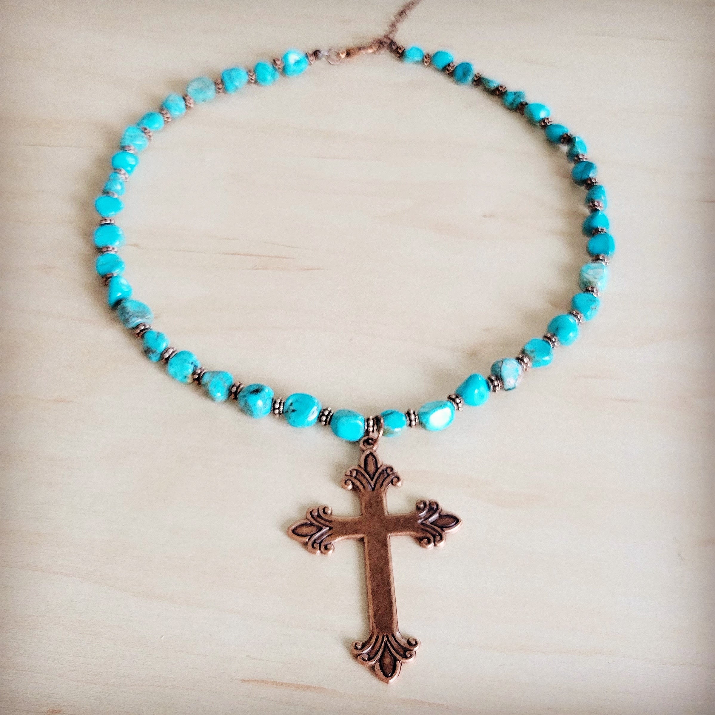 Turquoise and Copper Collar Necklace w/ Copper Cross Pendant 263z