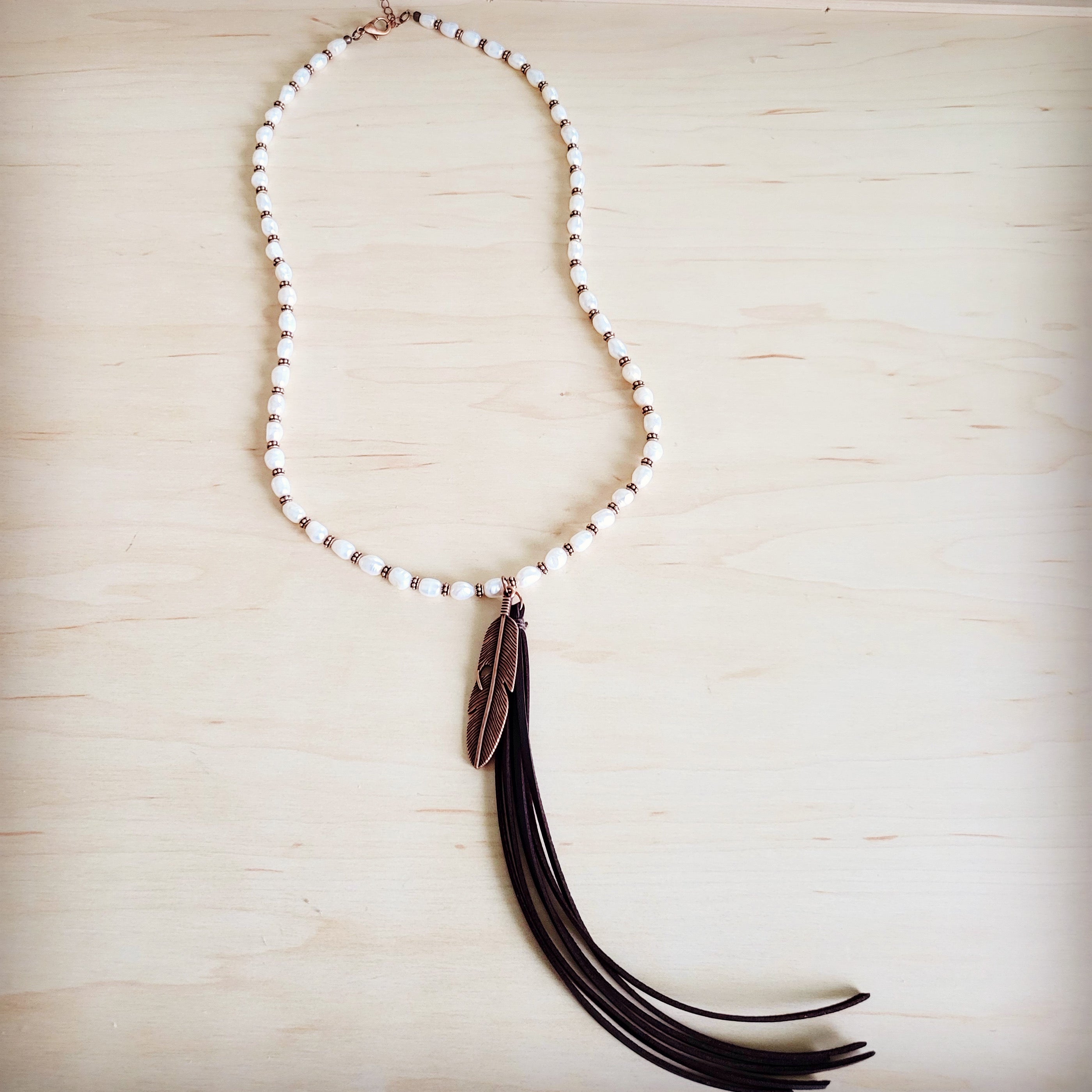 Long Freshwater Pearl & Copper Necklace w/ Feather Tassel Pendant 264b