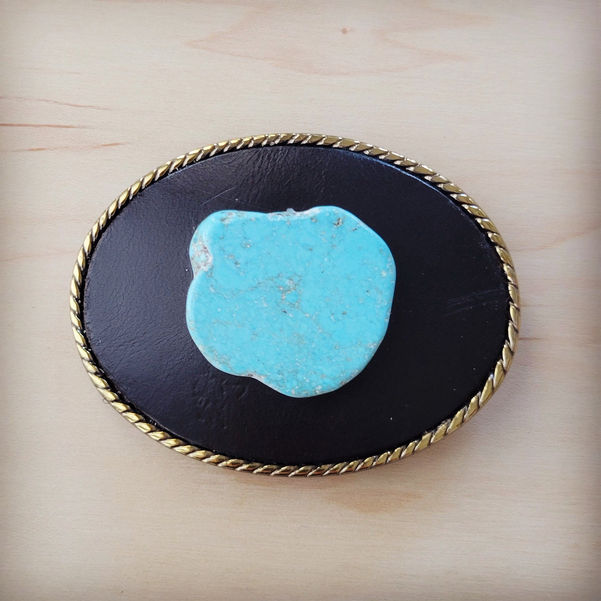Rope Edge Black Leather Belt Buckle w/ Blue Turquoise 907w