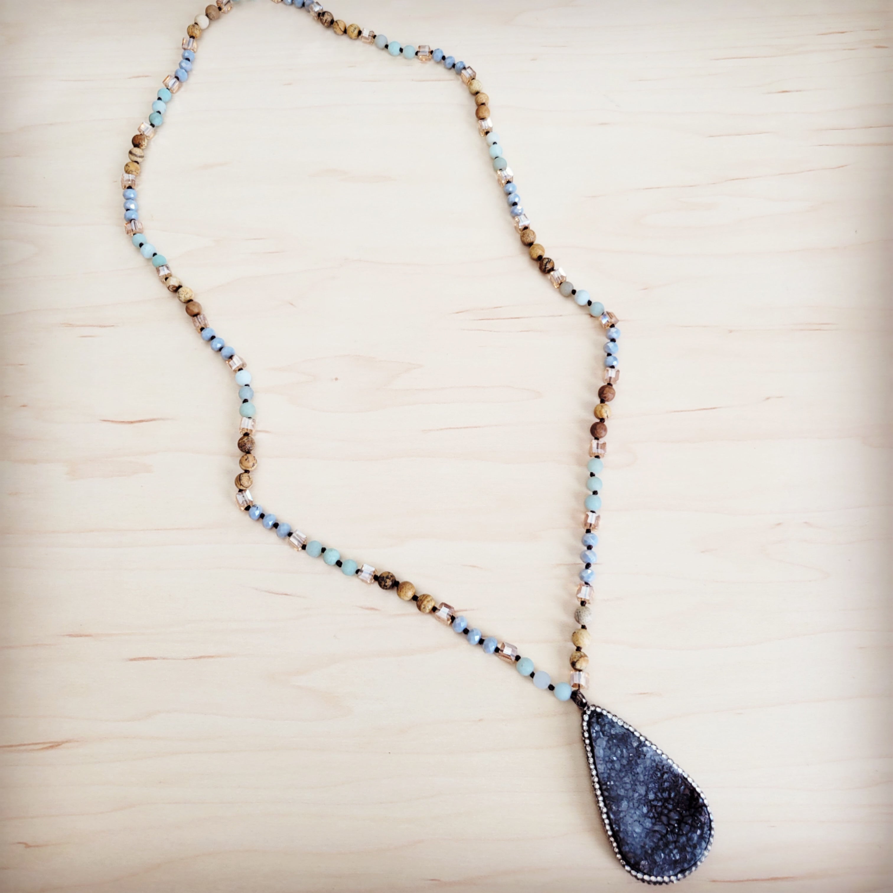 **Amazonite & Crystal Long Beaded Necklace w/ Druzy Pendant 262u