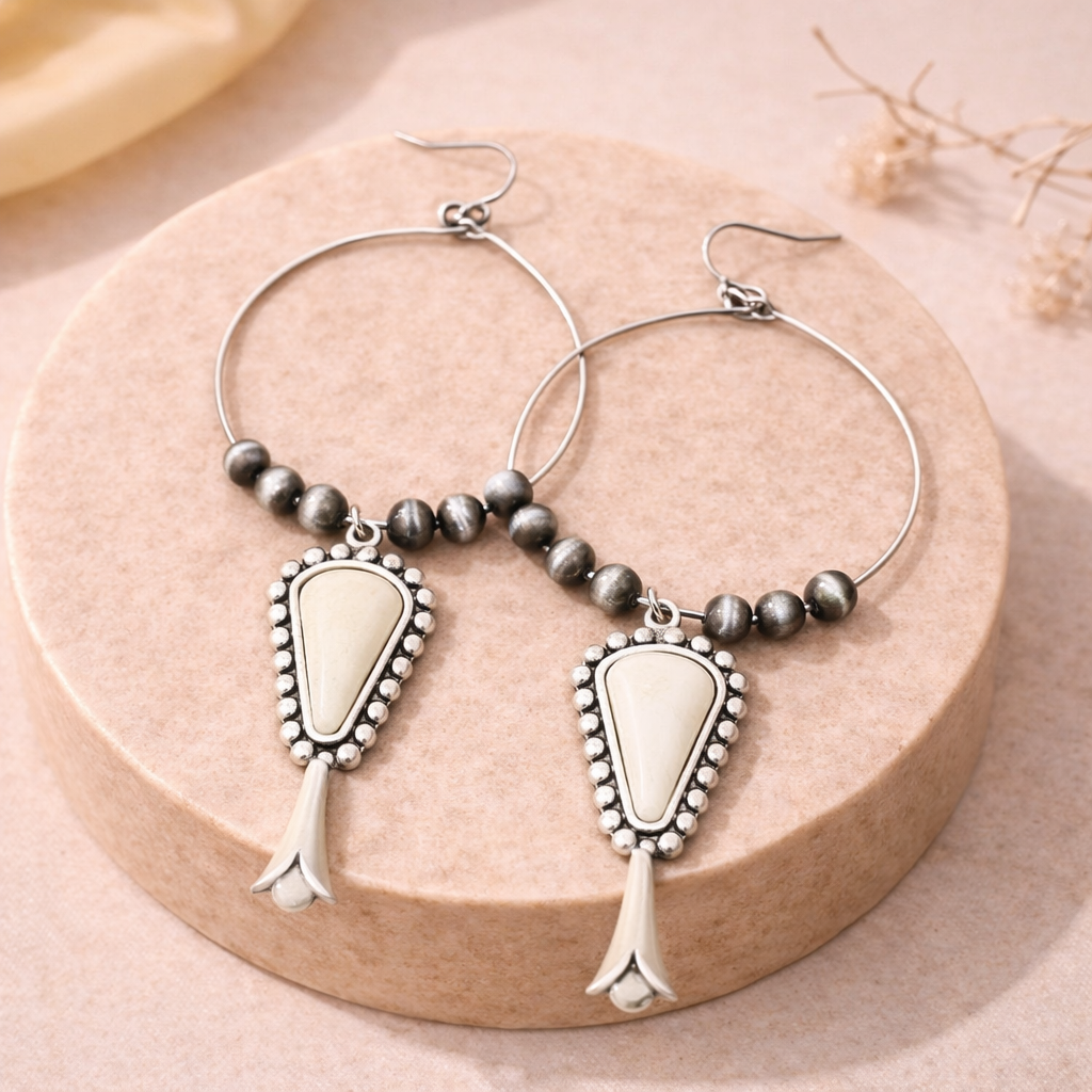 45mm Hoop, Squash Blossom White Turquoise Earrings