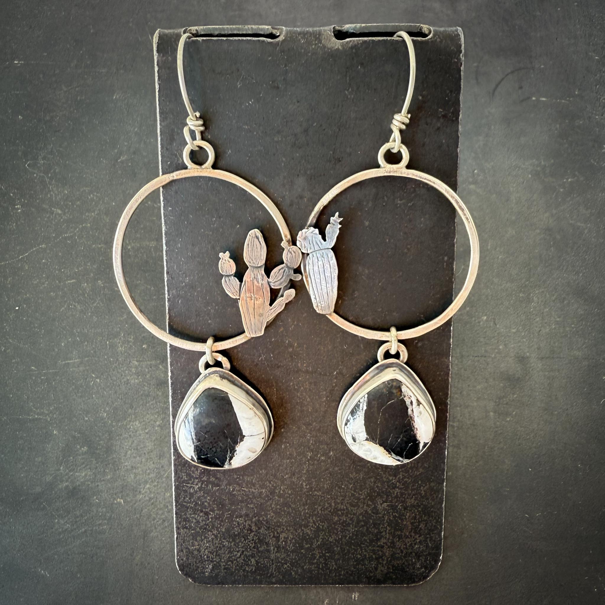 White Buffalo Turquoise Hoop Earrings in Sterling Silver with Hand-Sawn Saguaro Cactus Design