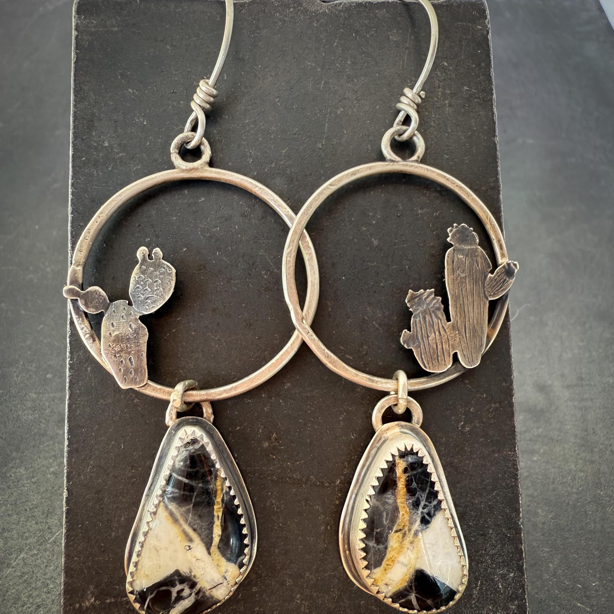 White Buffalo Turquoise Hoop Earrings in Sterling Silver with Hand-Sawn Cactus Design