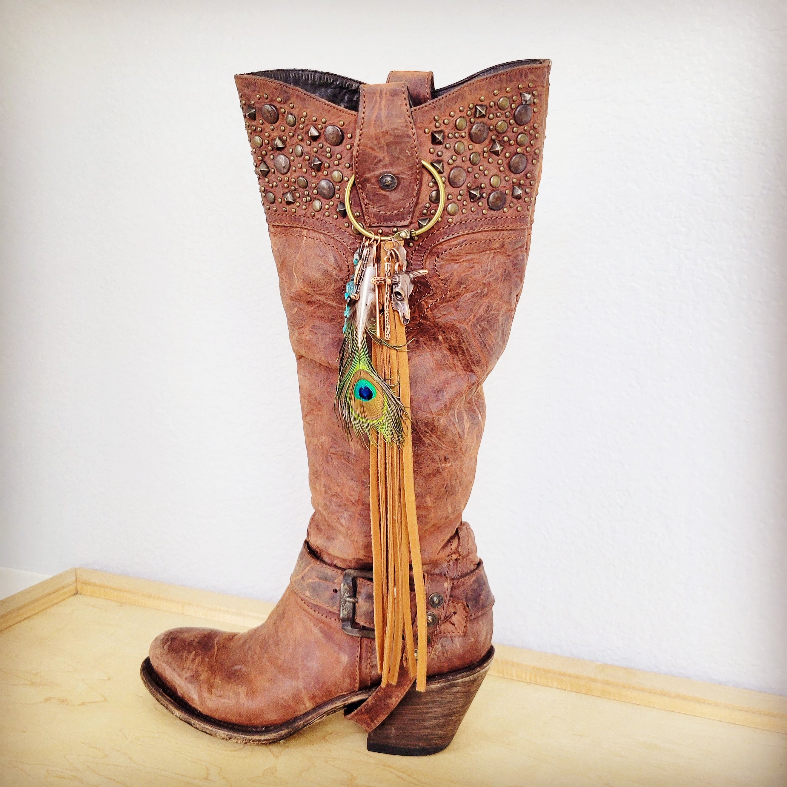 **Boho Western Leather Boot Bling Charm Peacock & Turquoise 500h