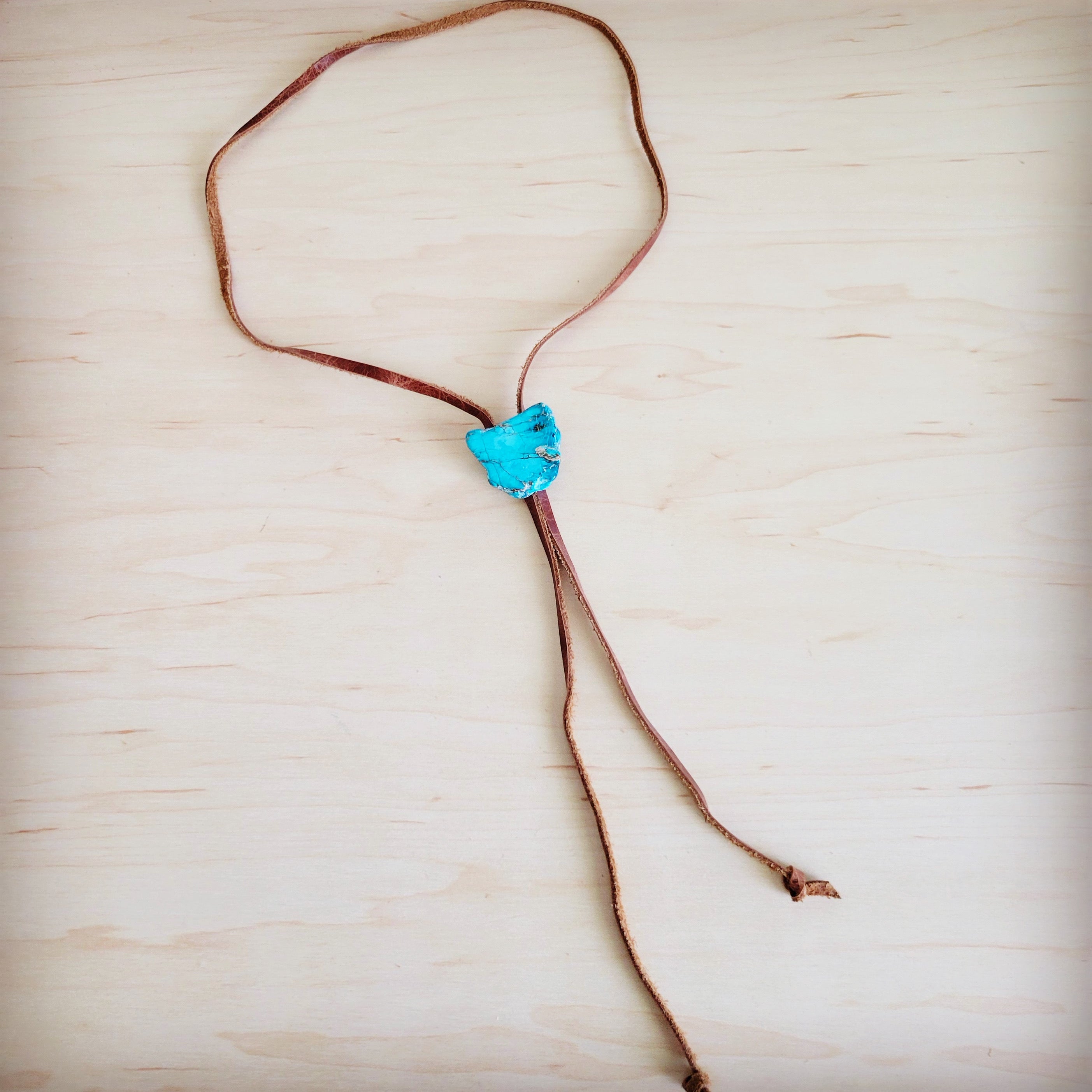 Leather Lariat Boho Necklace w/ Blue Regalite Slab Accent 264f
