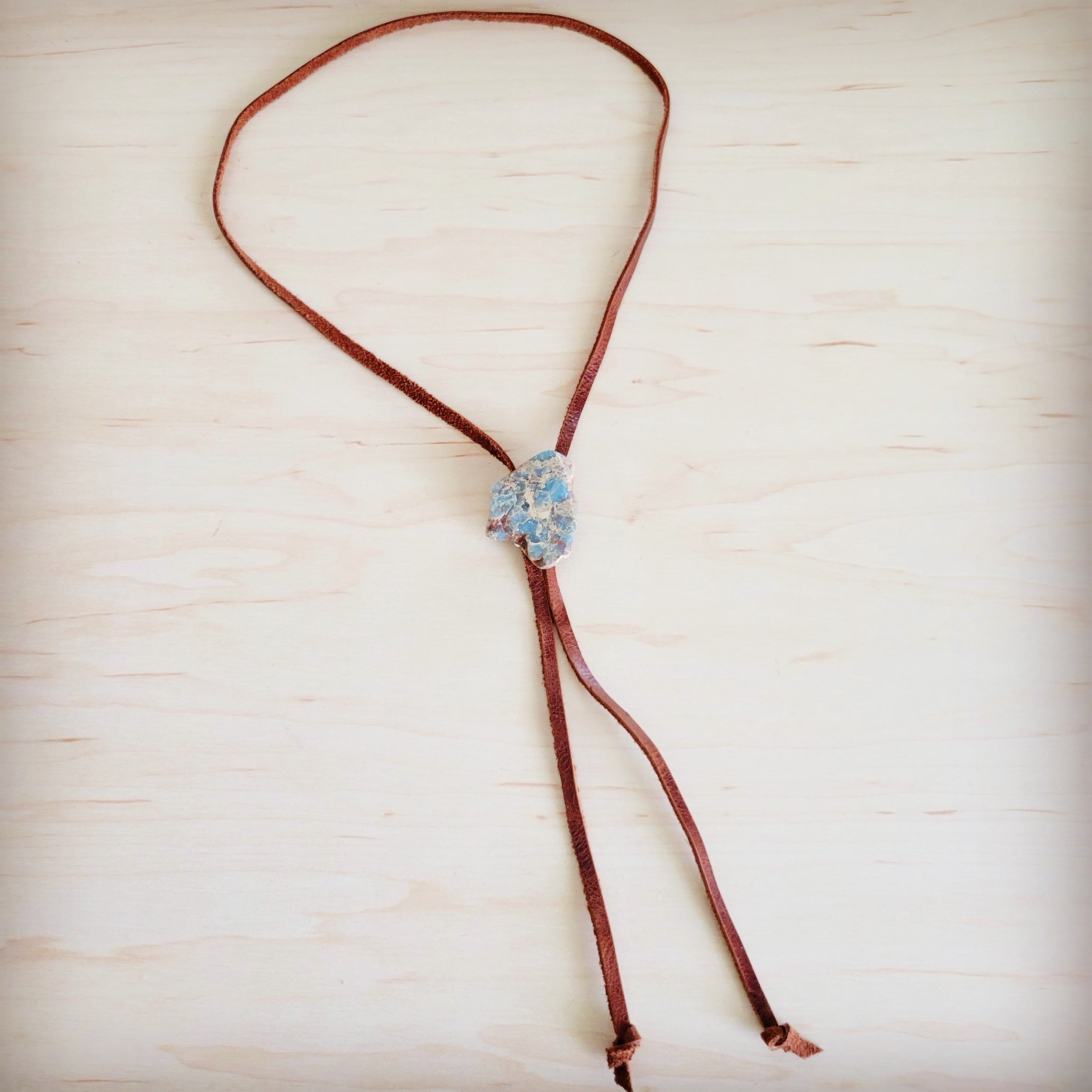 Leather Lariat Boho Necklace w/ Aqua Terra Slab Accent 264e