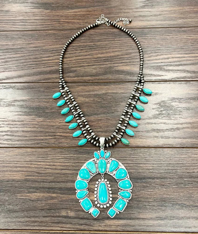 Handmade 26" Squash Blossom Turquoise Necklace